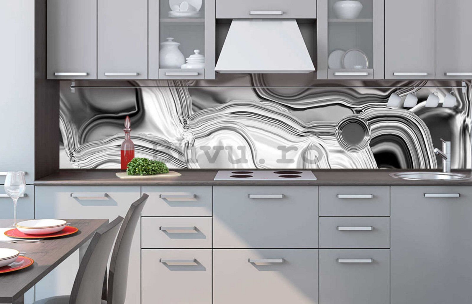 Tapet autoadeziv lavabil pentru bucătărie - Căptușeală de argint lichid, 260x60 cm