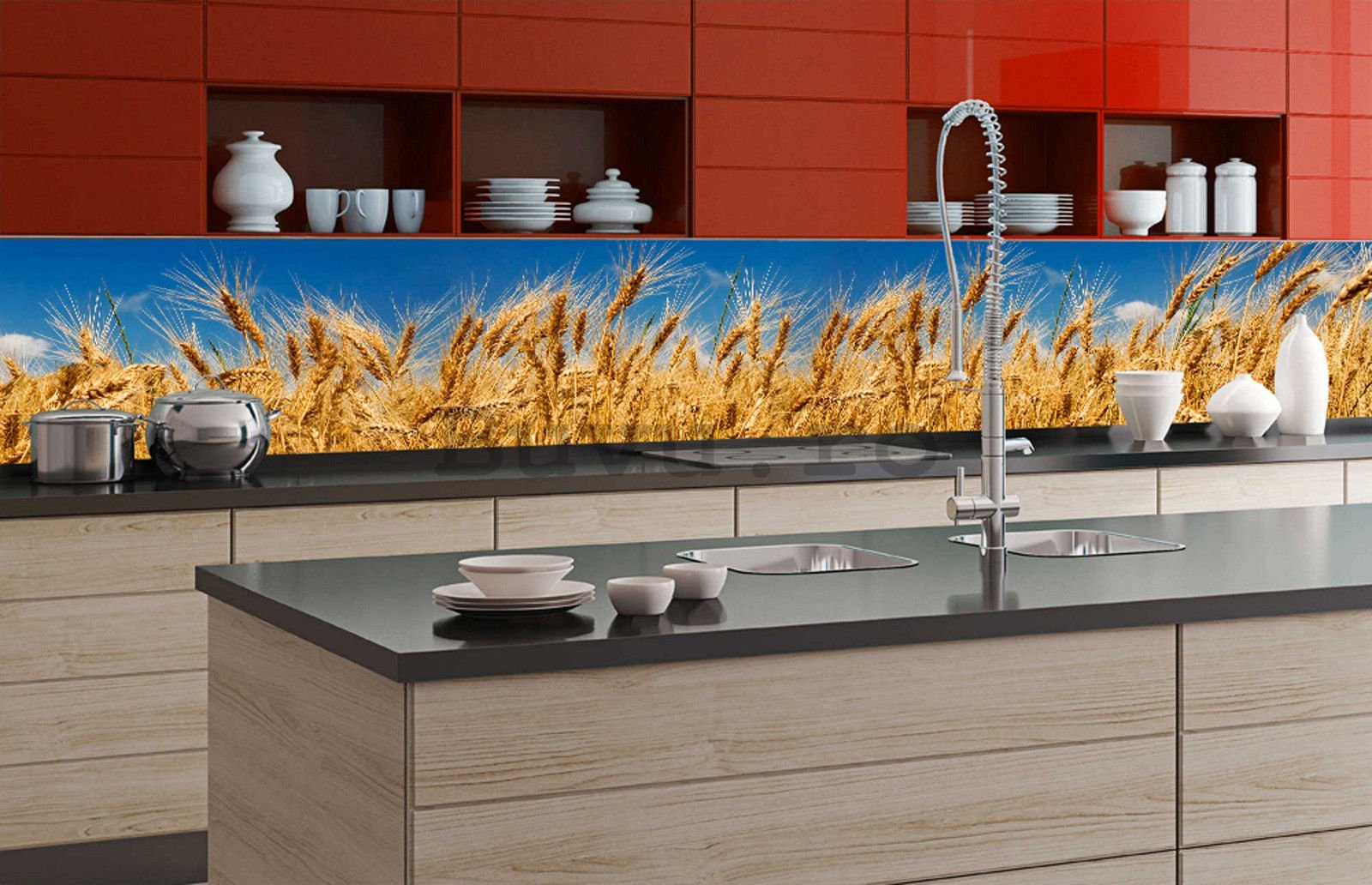 Fototapet autoadeziv lavabil pentru bucătărie - Câmp de grâu, 350x60 cm