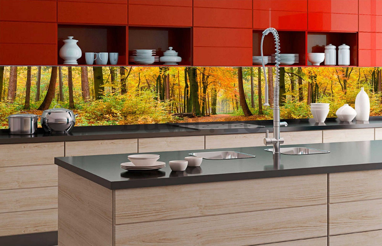 Fototapet autoadeziv lavabil pentru bucătărie - Pădure de toamnă, 350x60 cm
