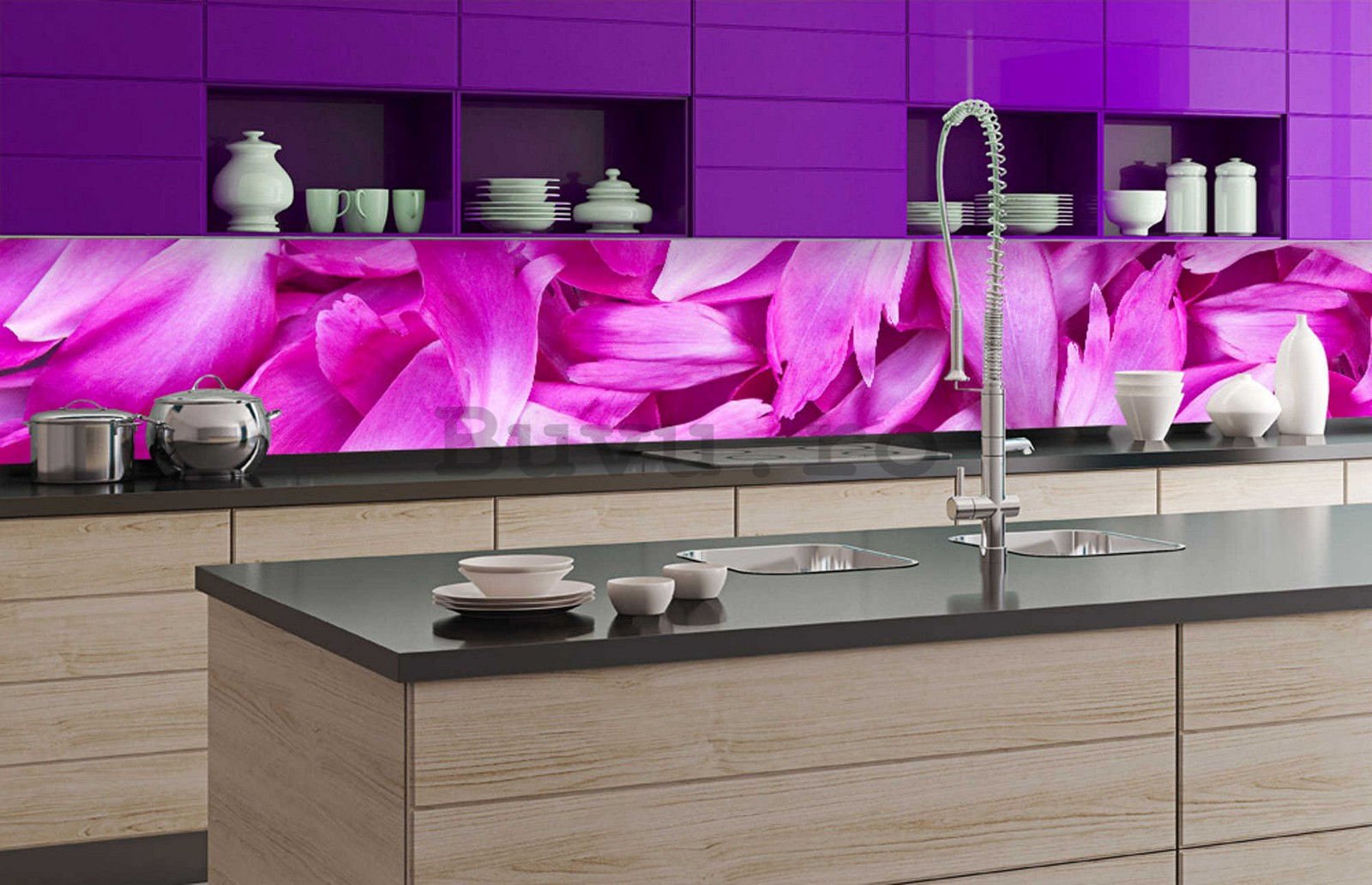 Tapet autoadeziv lavabil pentru bucătărie - Frunze violete, 350x60 cm