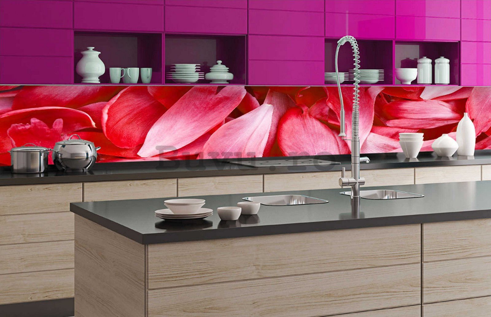 Tapet autoadeziv lavabil pentru bucătărie - Petale roșii, 350x60 cm