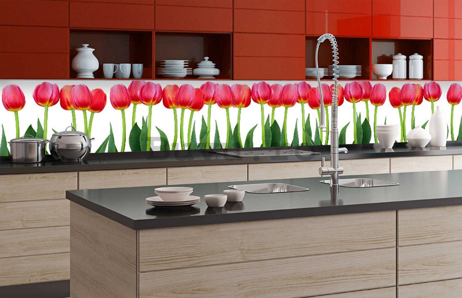 Tapet autoadeziv lavabil pentru bucătărie - Lalele roșii, 350x60 cm