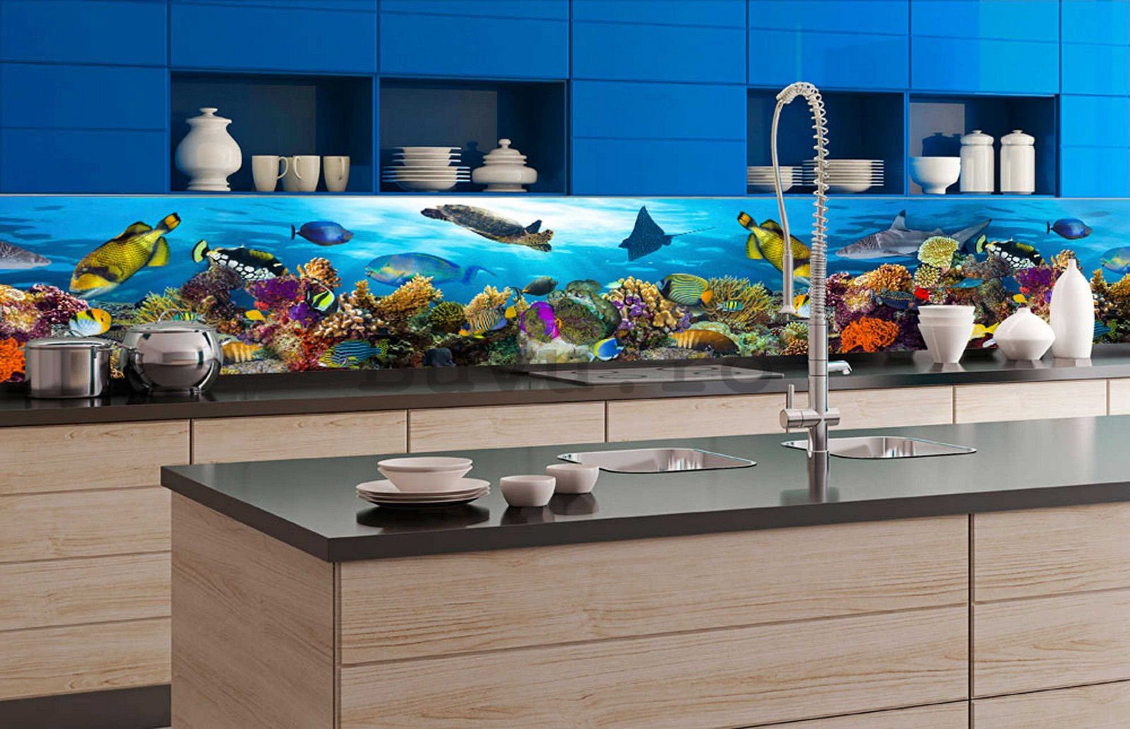 Tapet autoadeziv lavabil pentru bucătărie - Viața submarină, 350x60 cm