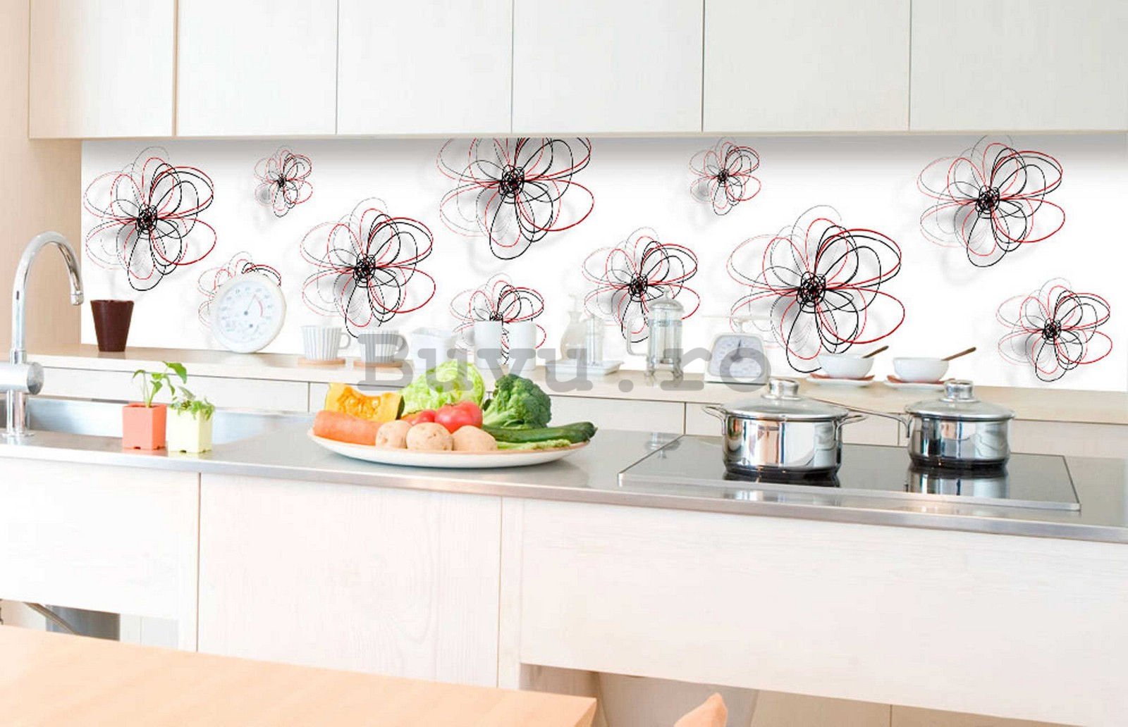 Tapet autoadeziv lavabil pentru bucătărie - Flori abstracte, 350x60 cm