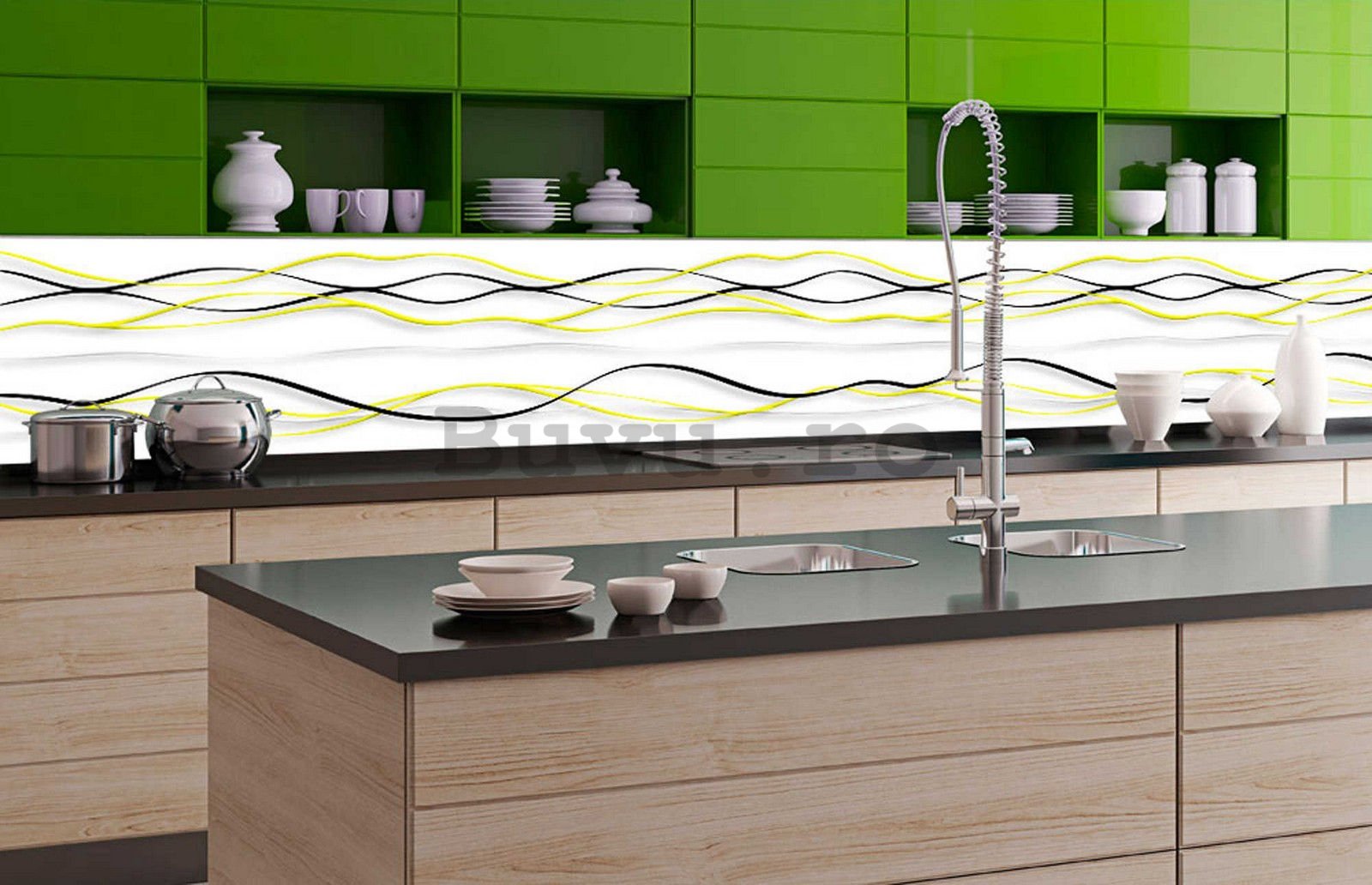 Tapet autoadeziv lavabil pentru bucătărie - Ondulări negre și galbene, 350x60 cm