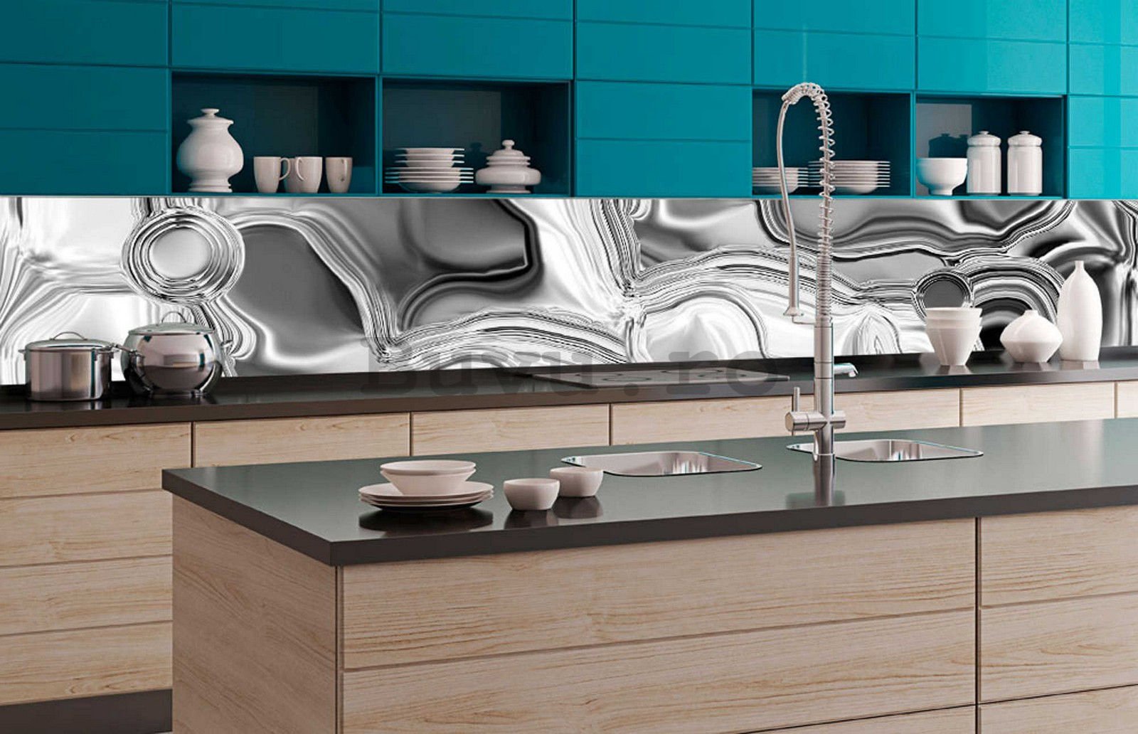 Tapet autoadeziv lavabil pentru bucătărie - Căptușeală de argint lichid, 350x60 cm