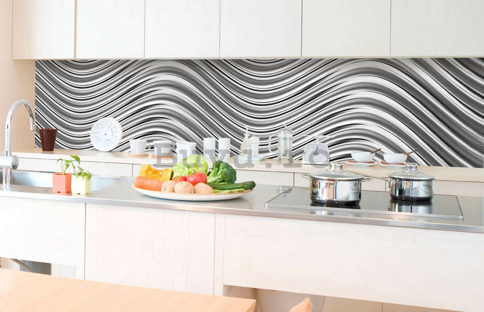 Tapet autoadeziv lavabil pentru bucătărie - Onduri de argint, 350x60 cm
