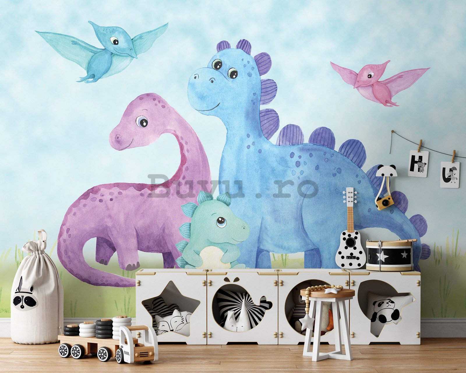 Fototapet vlies: Tapet pentru copii dinozauri veseli colorati - 368x254 cm