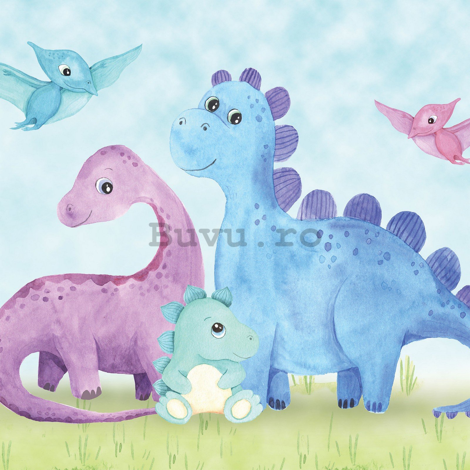 Fototapet vlies: Tapet pentru copii dinozauri veseli colorati - 152,5x104 cm