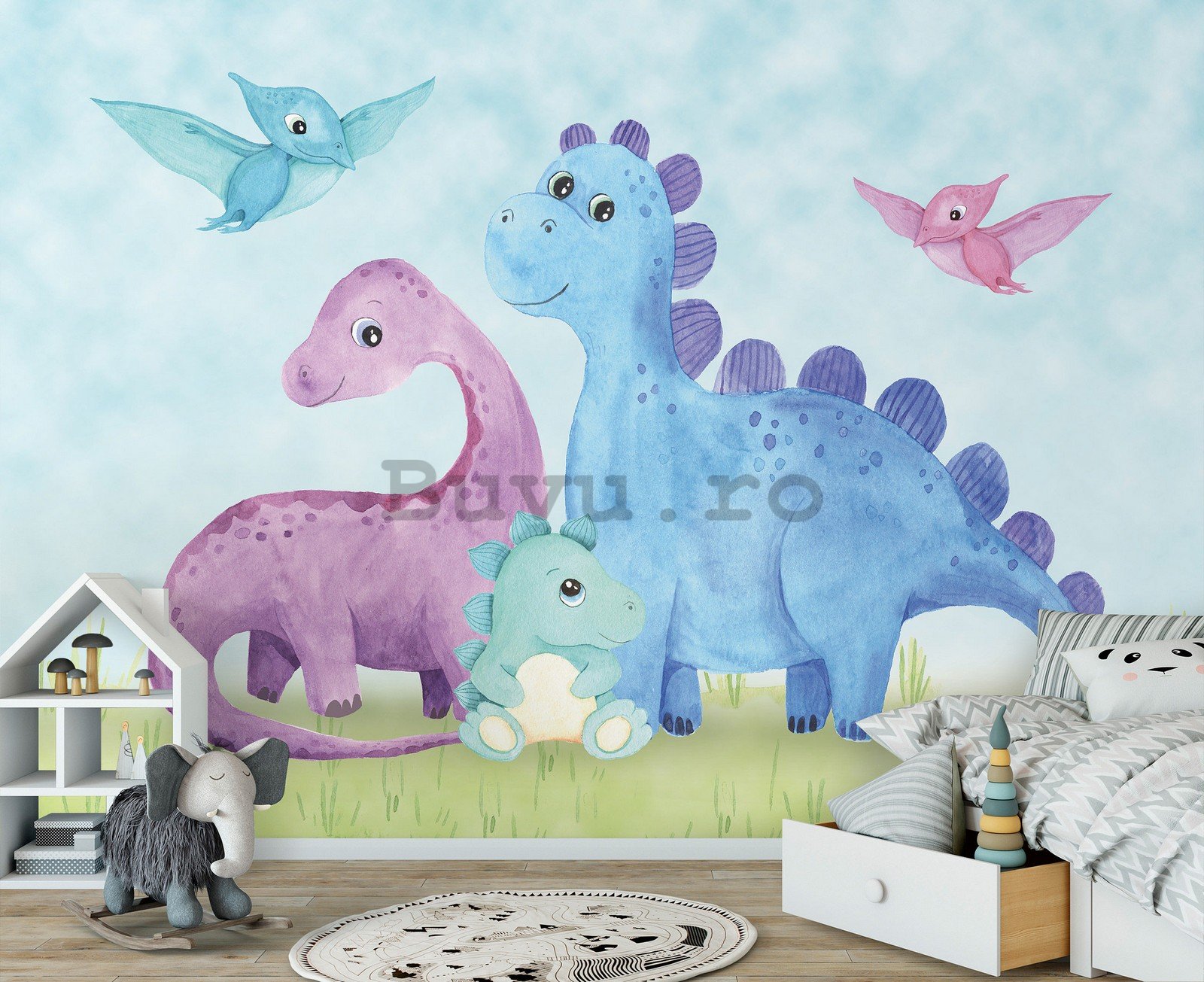Fototapet vlies: Tapet pentru copii dinozauri veseli colorati - 152,5x104 cm