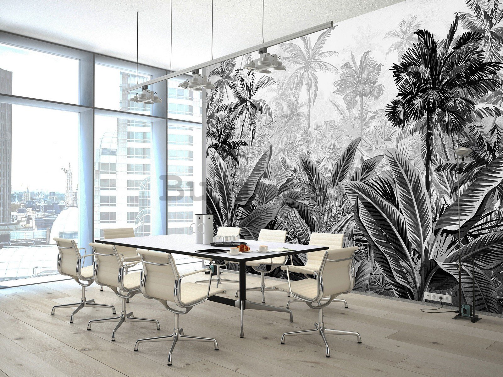 Fototapet vlies: Palmieri și ferigi (alb-negru) - 254x184 cm