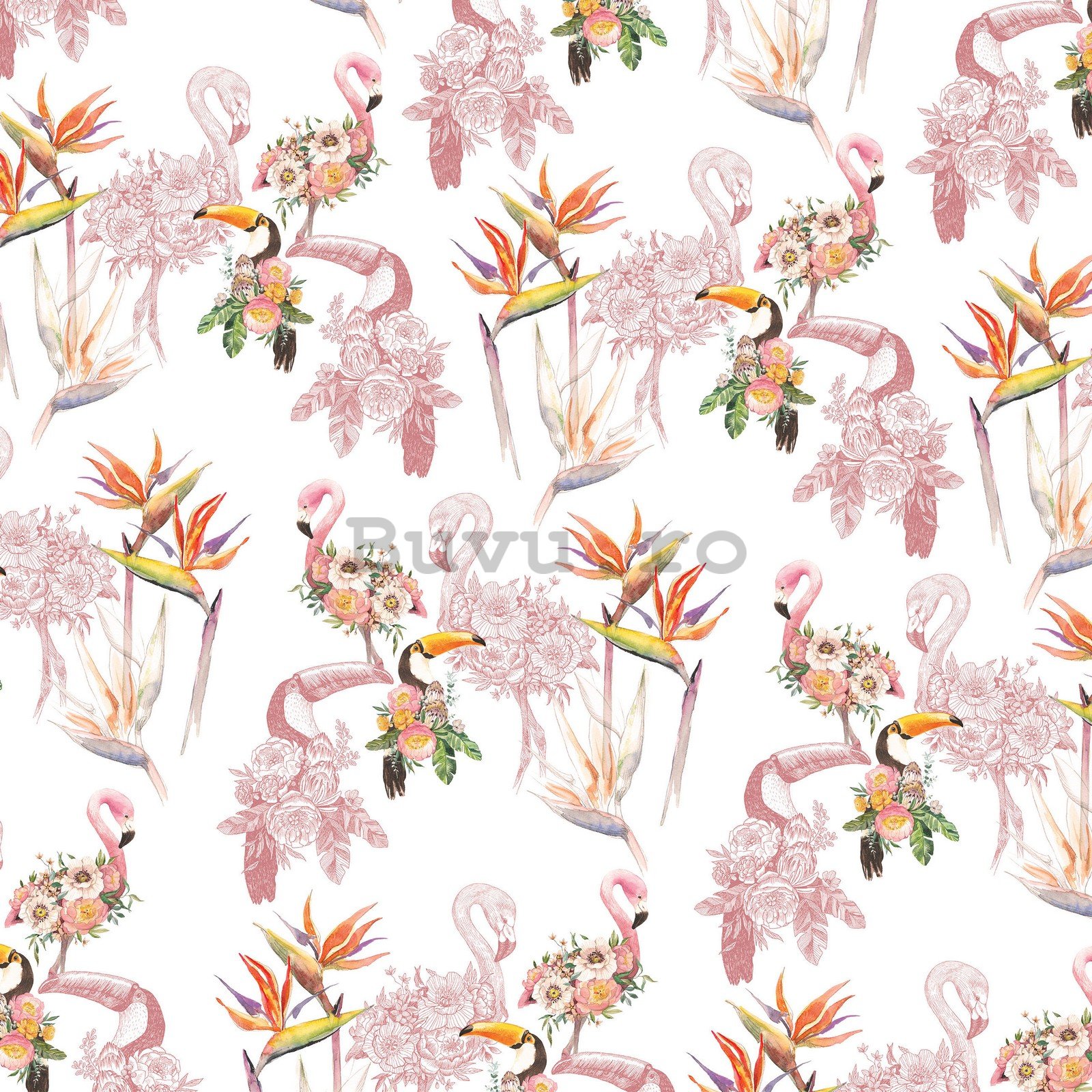 Fototapet vlies: Flamingo și tucani - 254x184 cm