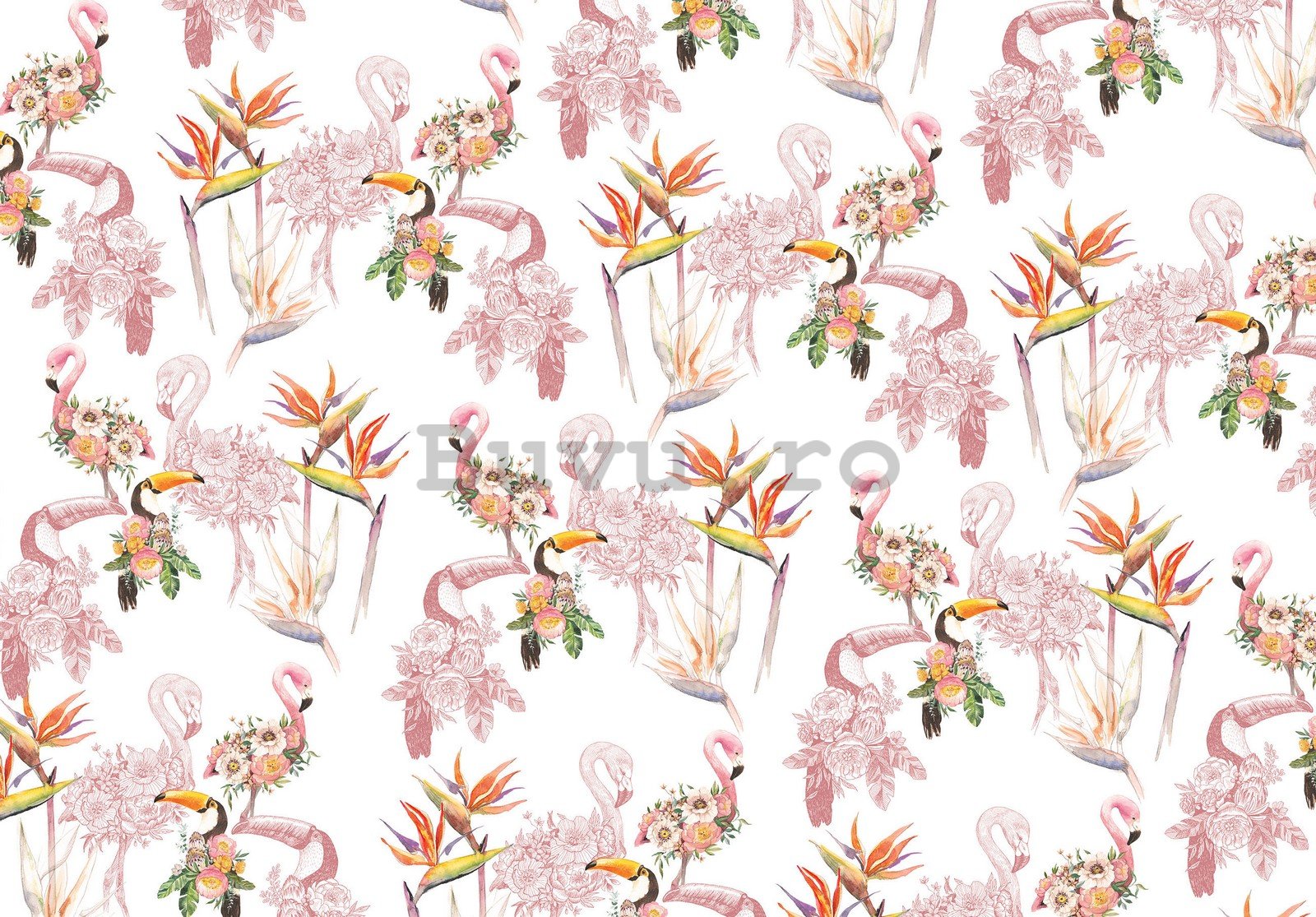Fototapet vlies: Flamingo și tucani - 254x184 cm