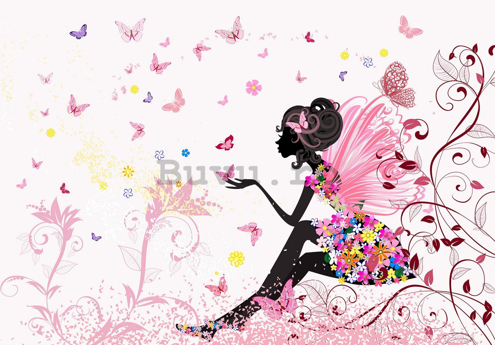 Fototapet vlies: Fata cu flori si fluturi - 254x184 cm