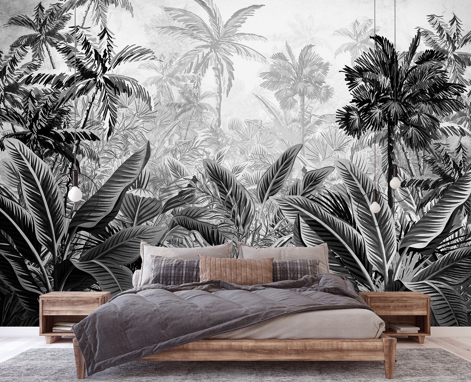 Fototapet vlies: Palmieri și ferigi (alb-negru) - 368x254 cm