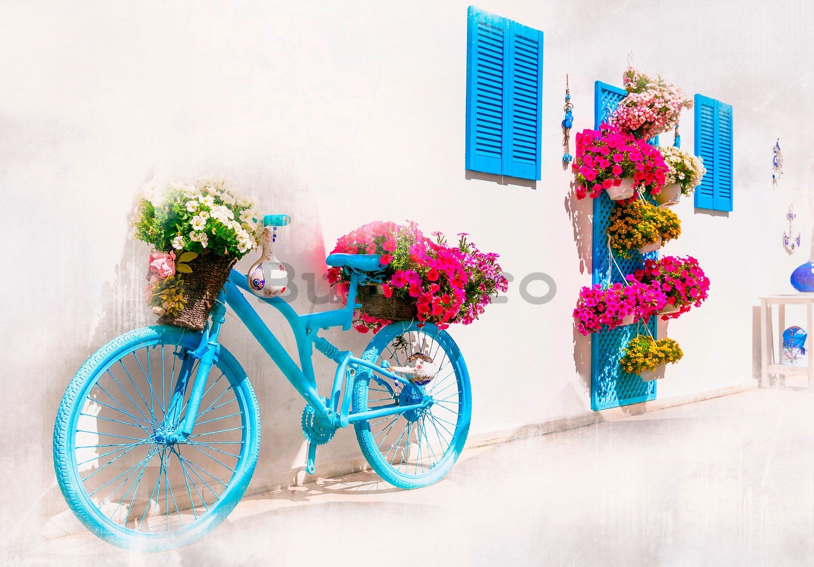 Fototapet vlies: Bicicletă și flori grecești - 368x254 cm