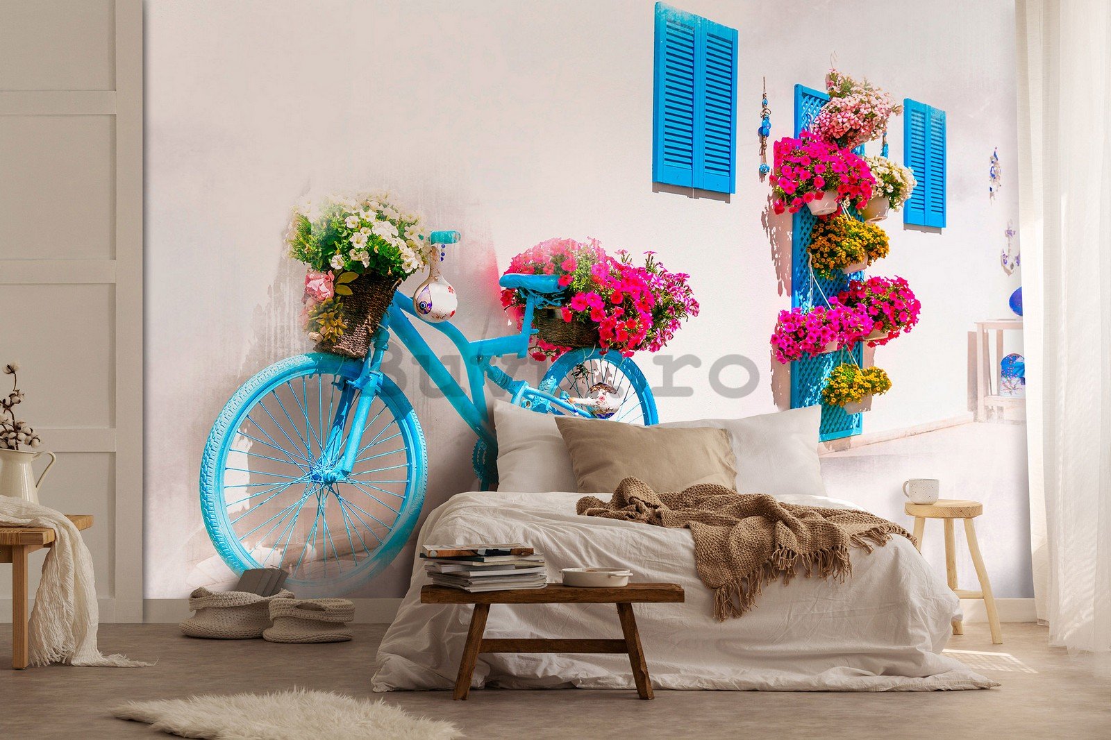 Fototapet vlies: Bicicletă și flori grecești - 416x254 cm
