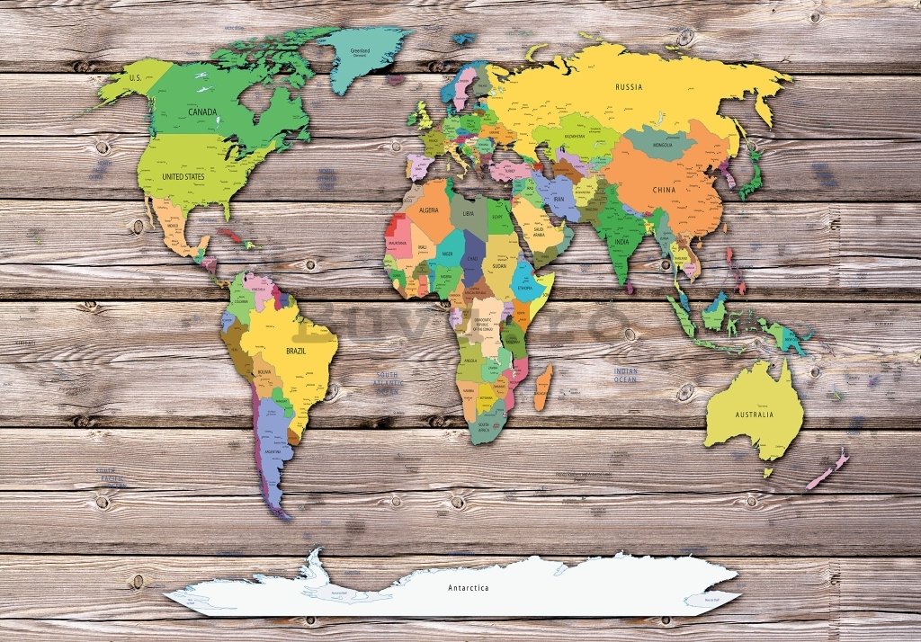 Fototapet vlies: Harta lumii color pe lemn - 368x280 cm