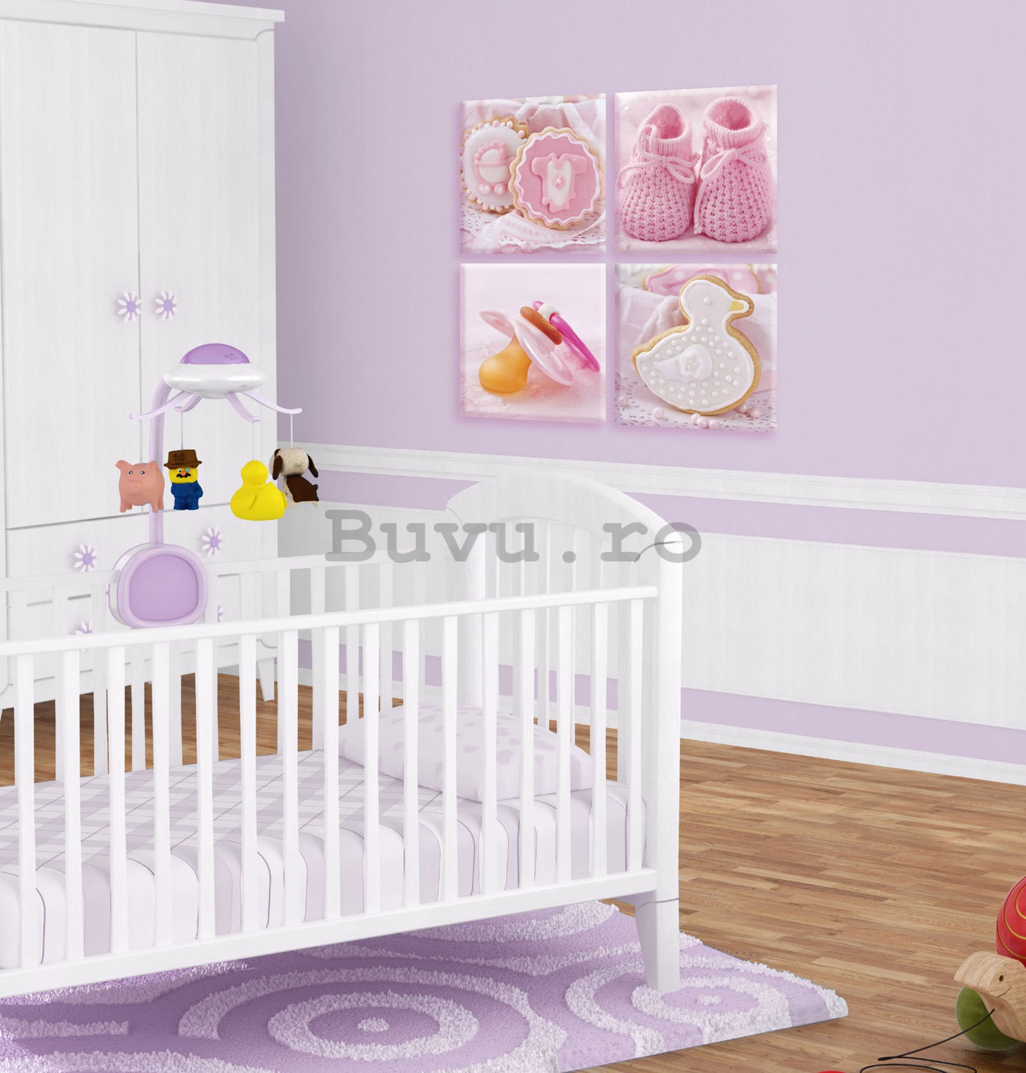 Tablou canvas: Motive roz pentru bebeluși - set 4 buc 25x25cm