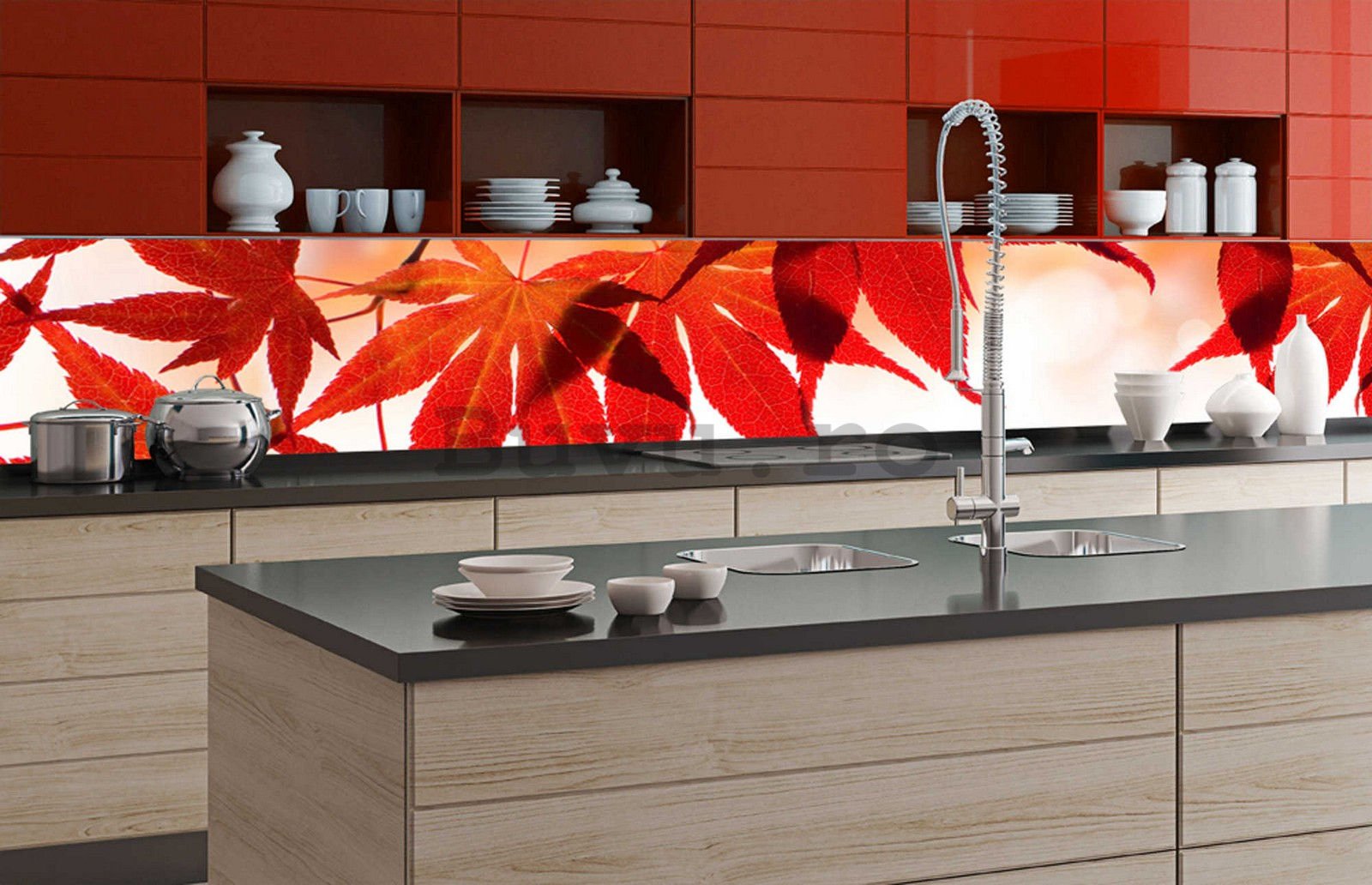 Fototapet autoadeziv lavabil pentru bucătărie - Frunze roșii, 350x60 cm