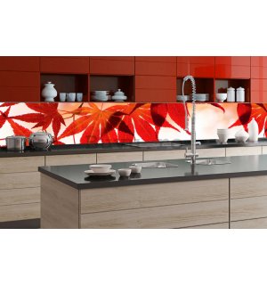 Fototapet autoadeziv lavabil pentru bucătărie - Frunze roșii, 350x60 cm