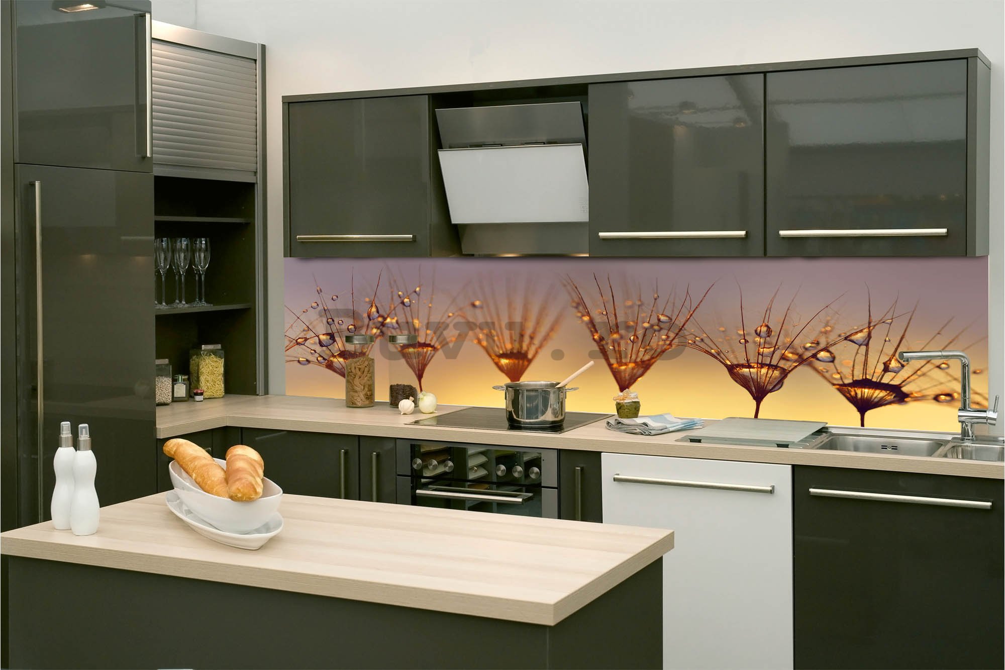 Tapet autoadeziv lavabil pentru bucătărie - Picături pe păpădie, 260x60 cm