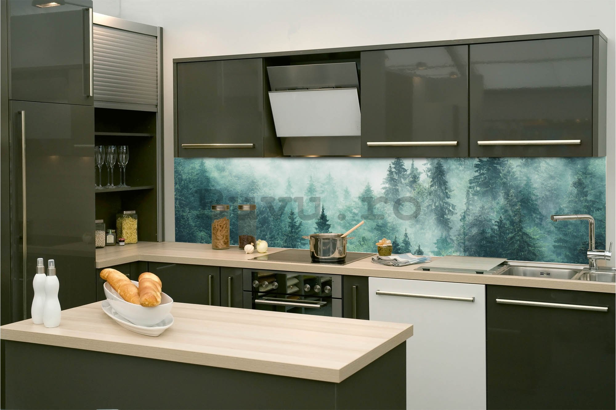 Tapet autoadeziv lavabil pentru bucătărie - Ceață în pădure, 260x60 cm