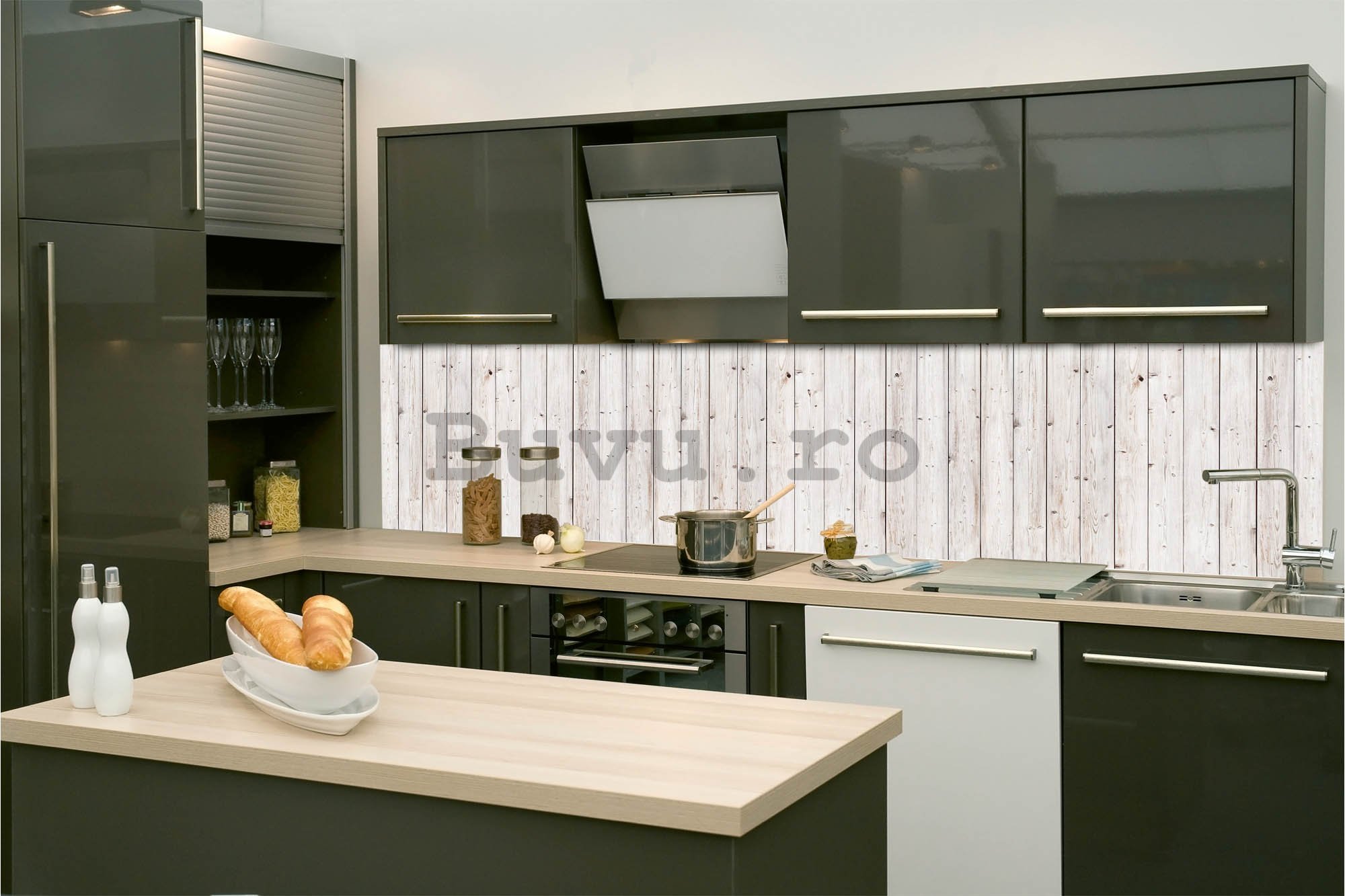 Tapet autoadeziv lavabil pentru bucătărie - Perete alb din lemn, 260x60 cm