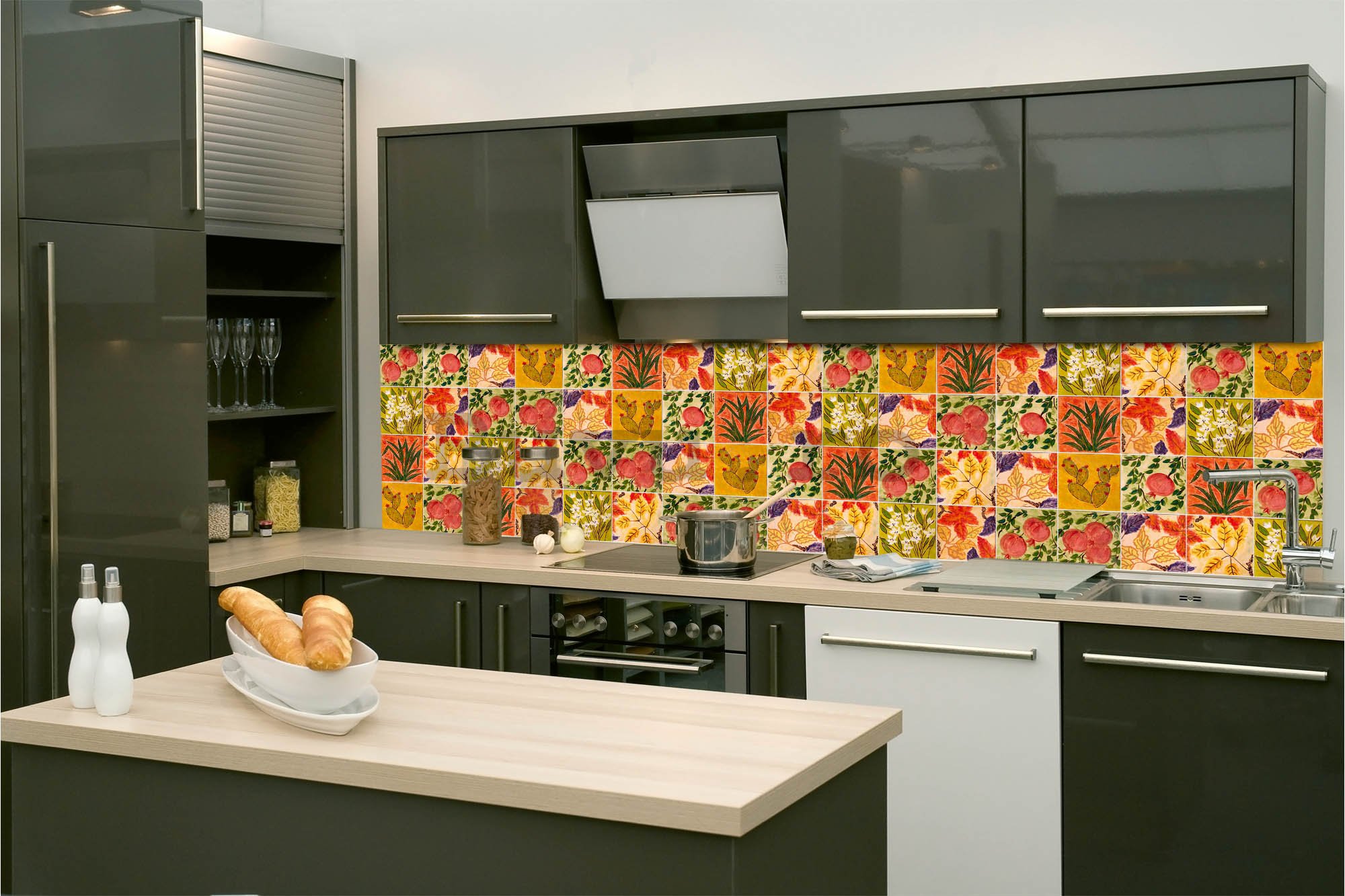 Tapet autoadeziv lavabil pentru bucătărie - țiglă pictată, 260x60 cm