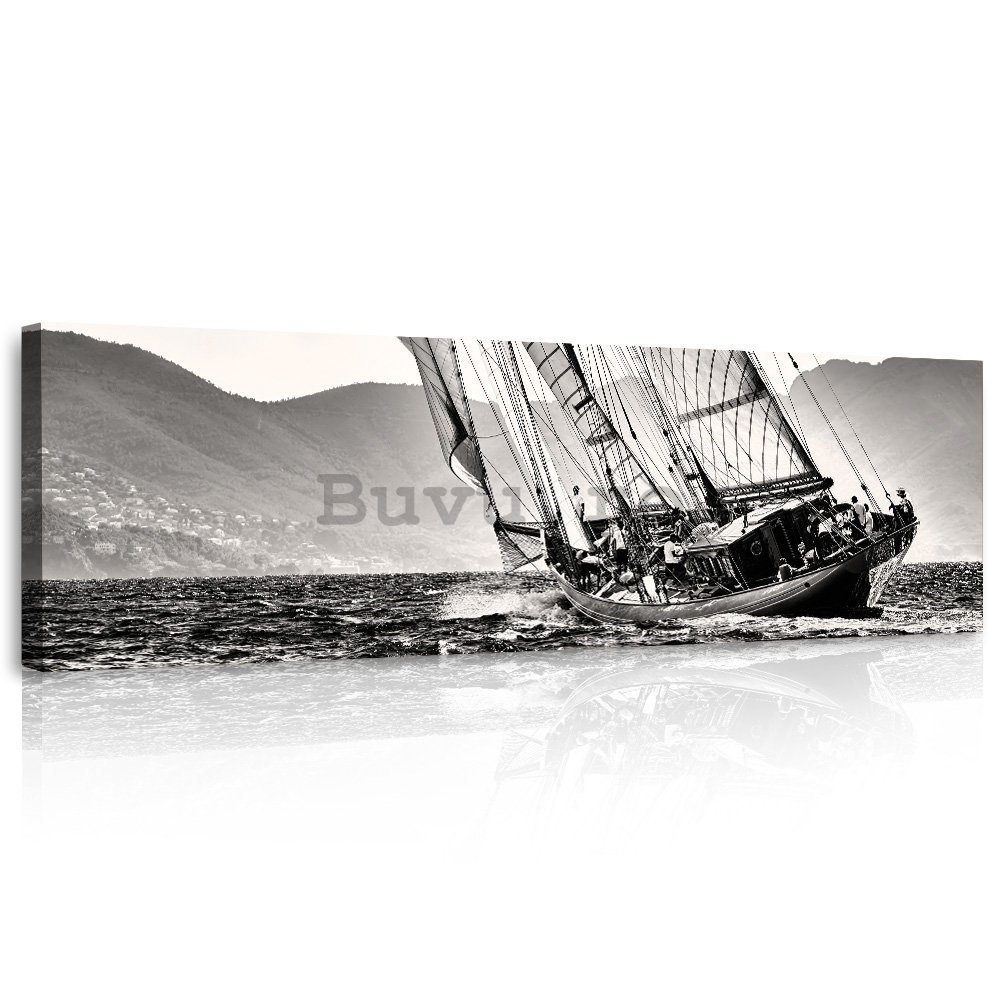 Tablou canvas: Yachting (barca cu pânze alb-negru) - 145x45 cm