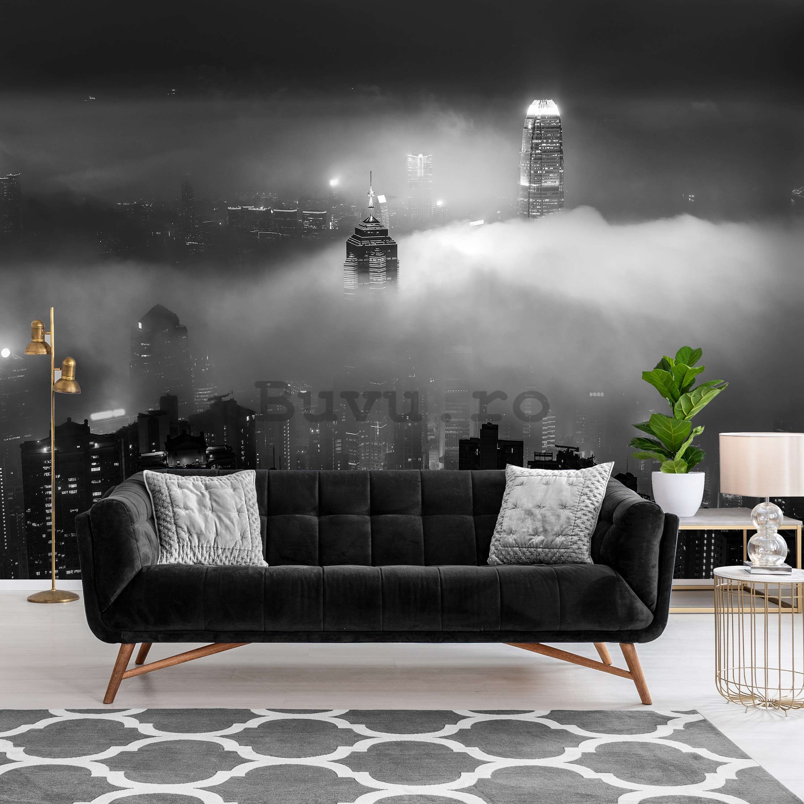 Fototapet vlies: Orașul de noapte în ceață (alb și negru) - 254x184 cm