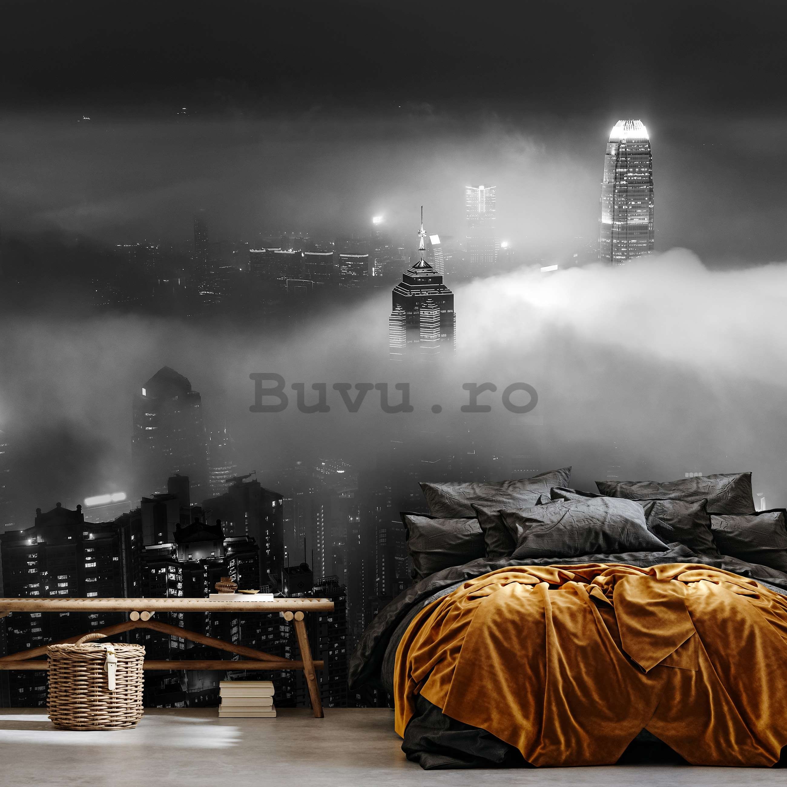 Fototapet vlies: Orașul de noapte în ceață (alb și negru) - 254x184 cm