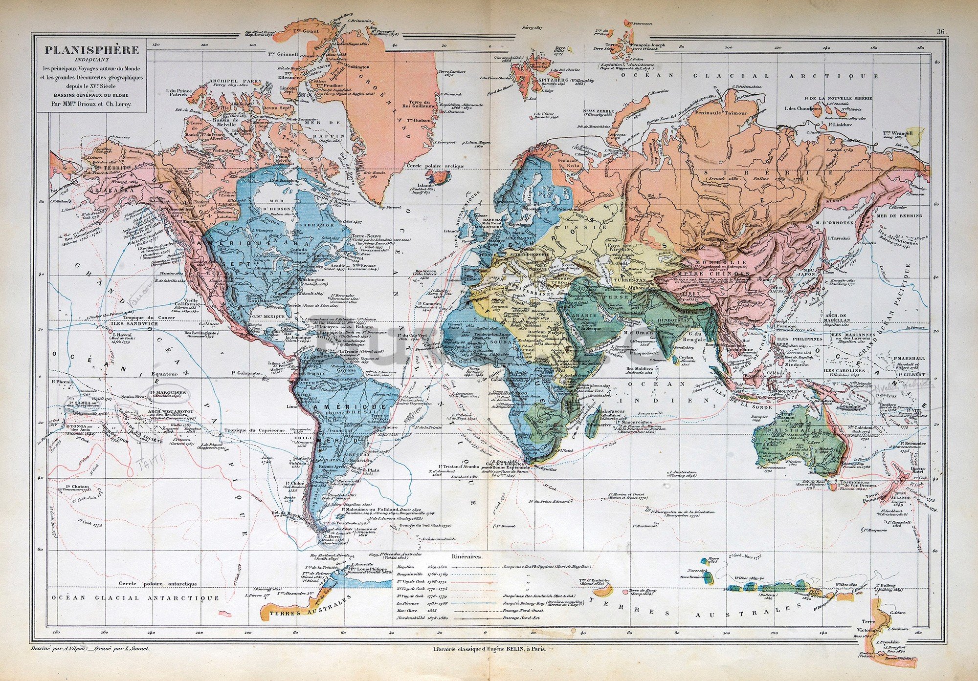 Fototapet vlies: Harta lumii franceză (Vintage) - 254x184 cm