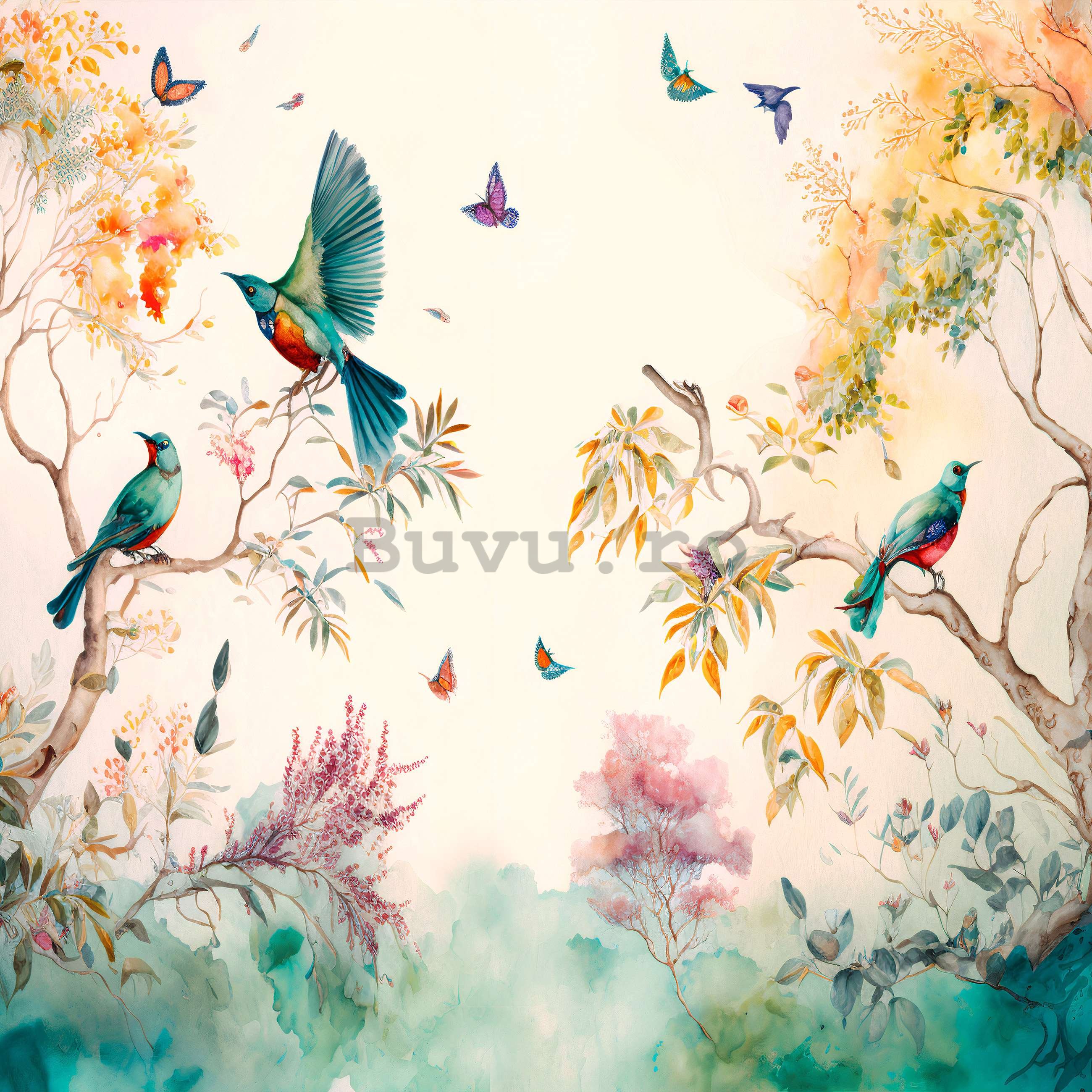 Fototapet vlies: Păsări în copaci (pictate) - 368x254 cm