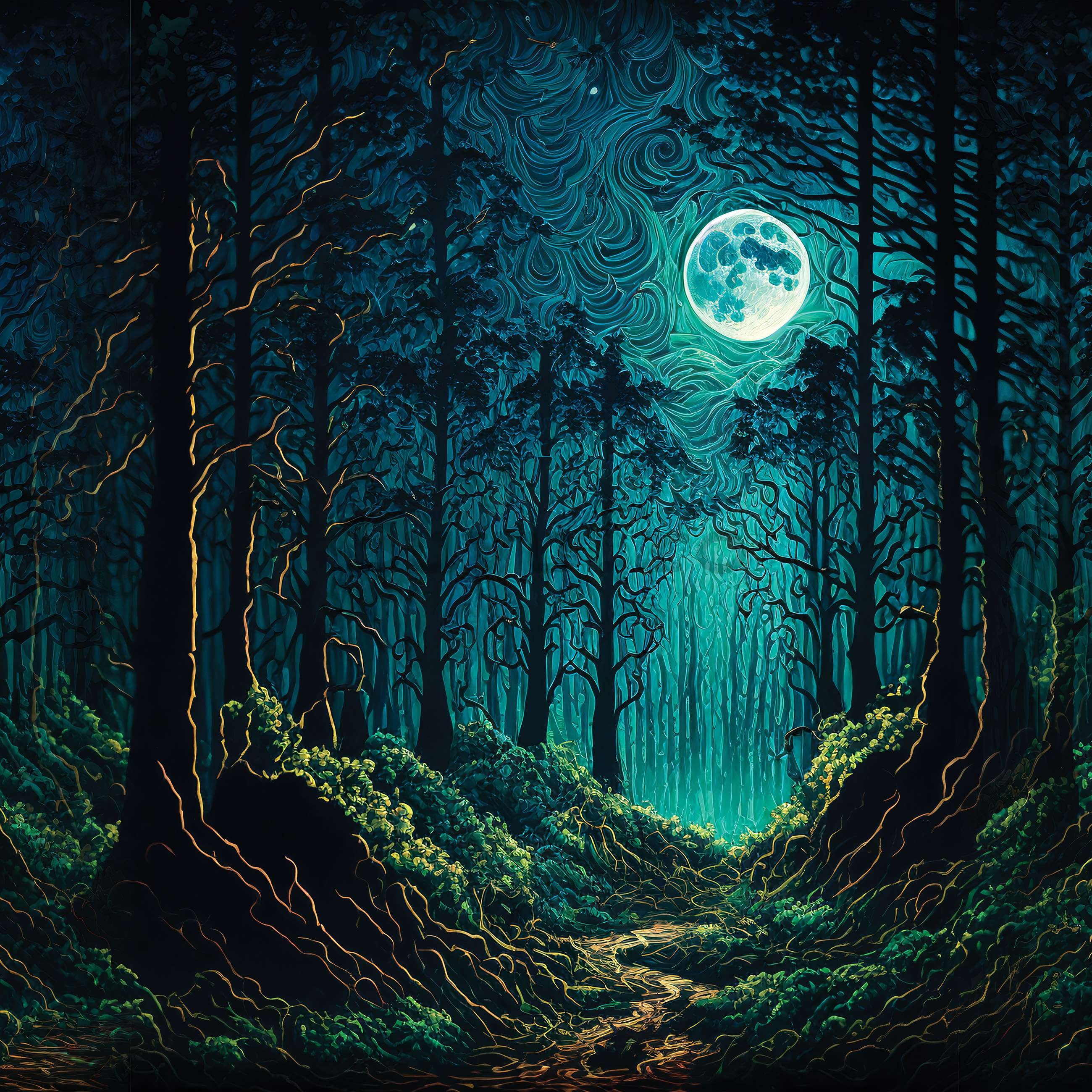 Fototapet vlies: Pădure fermecată în lumina lunii - 368x254 cm