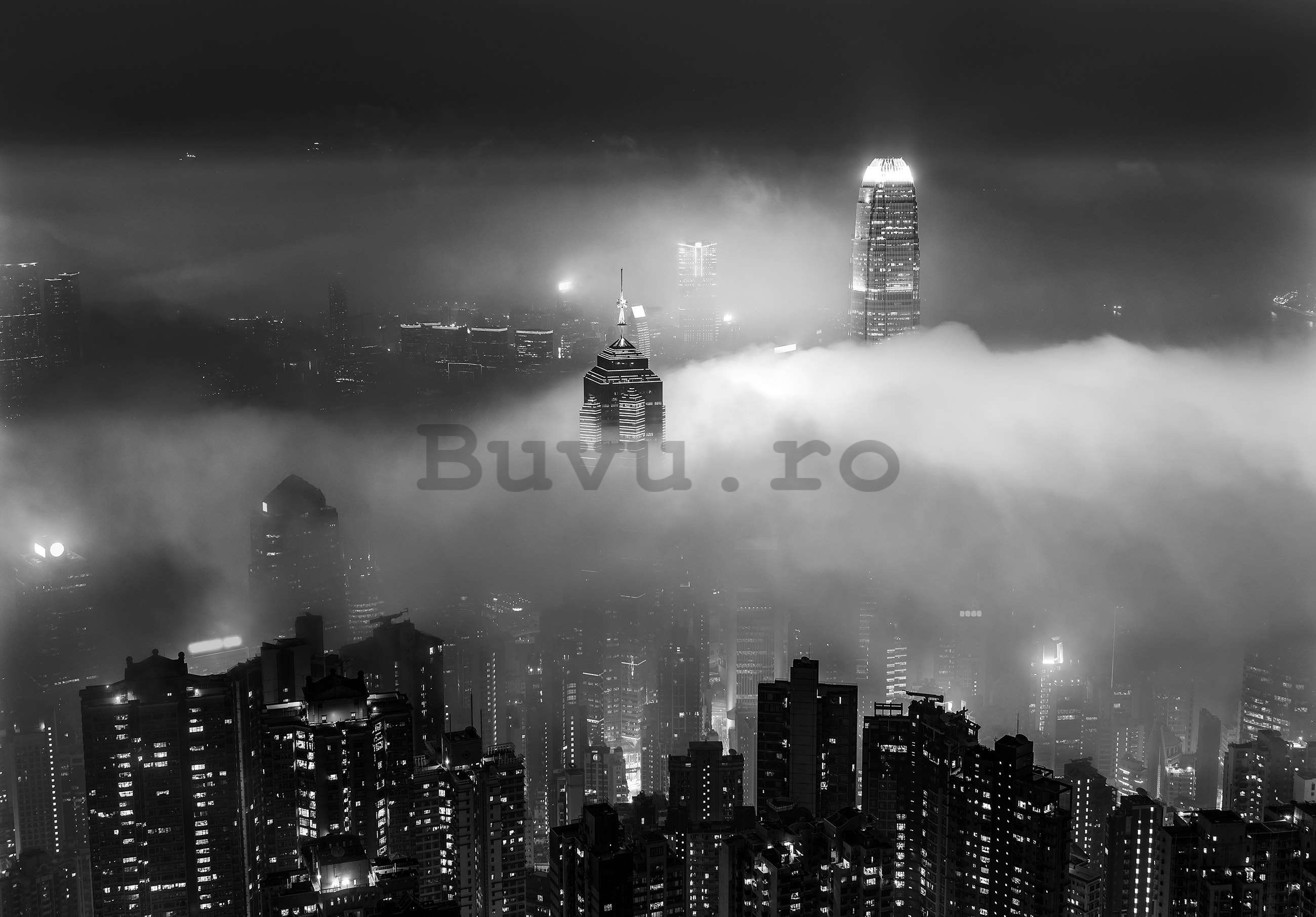 Fototapet vlies: Orașul de noapte în ceață (alb și negru) - 368x254 cm