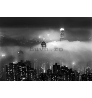 Fototapet vlies: Orașul de noapte în ceață (alb și negru) - 368x254 cm