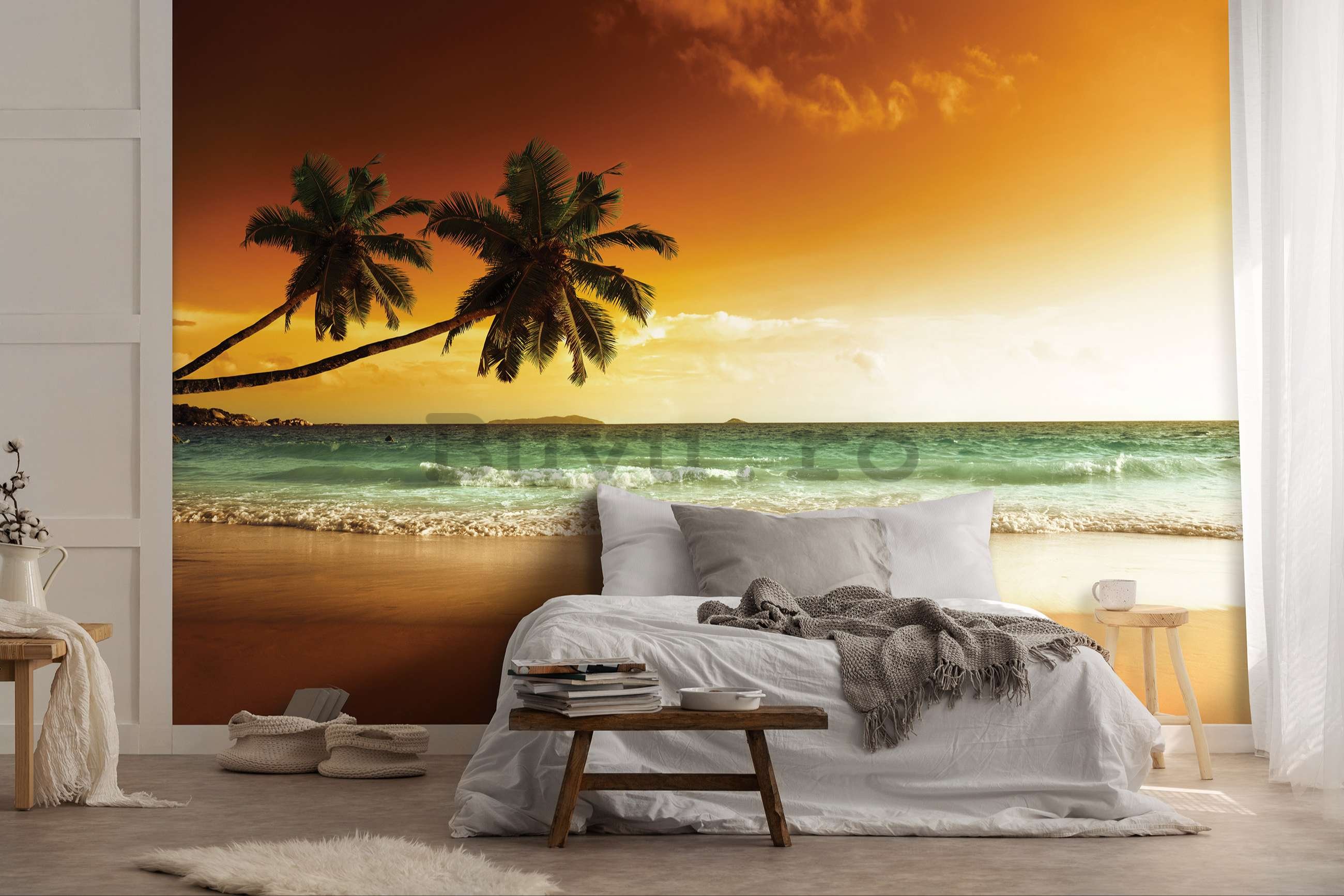 Fototapet vlies: Palmieri și plajă la apus de soare - 368x254 cm