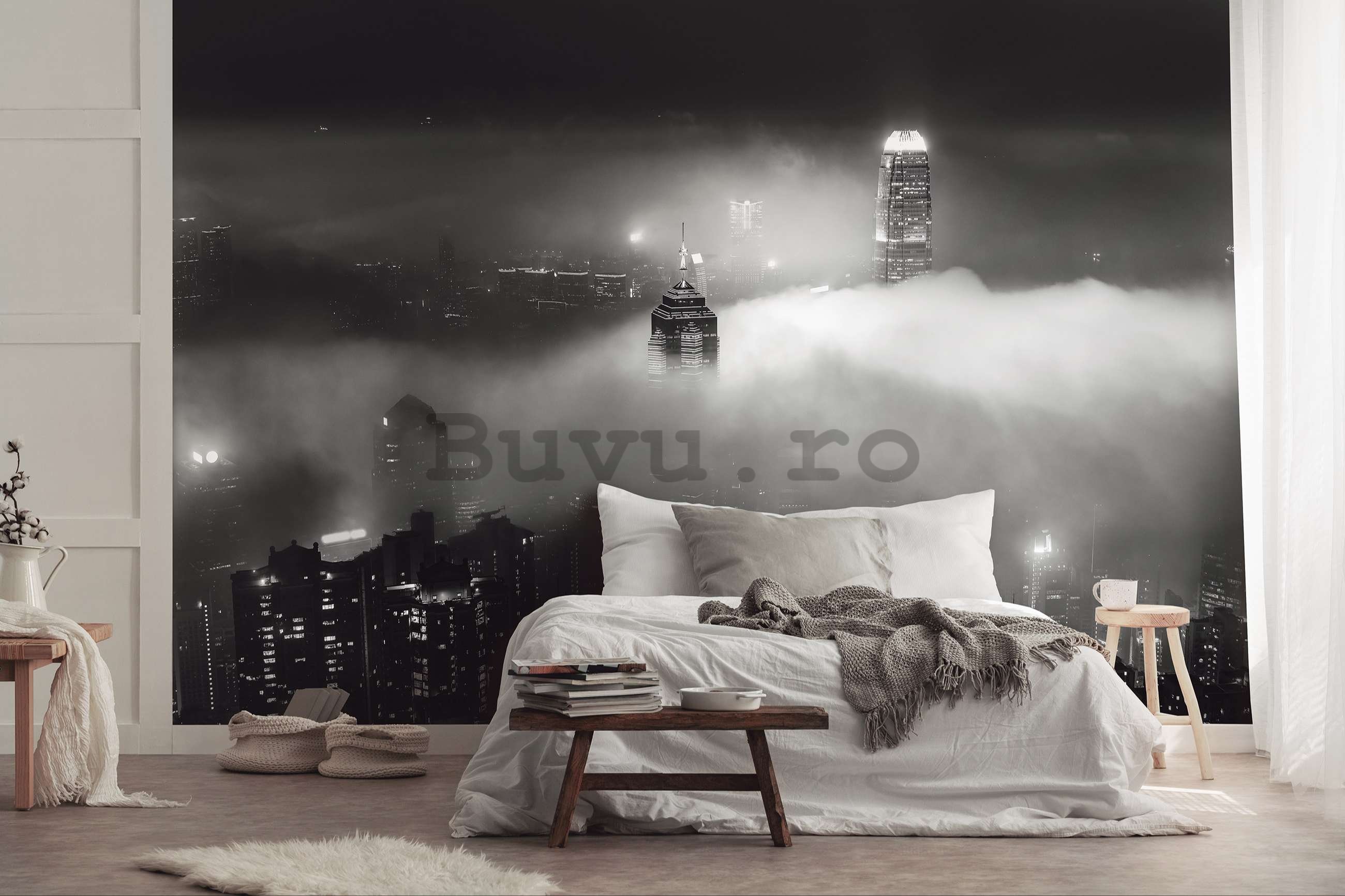Fototapet vlies: Orașul de noapte în ceață (alb și negru) - 152,5x104 cm