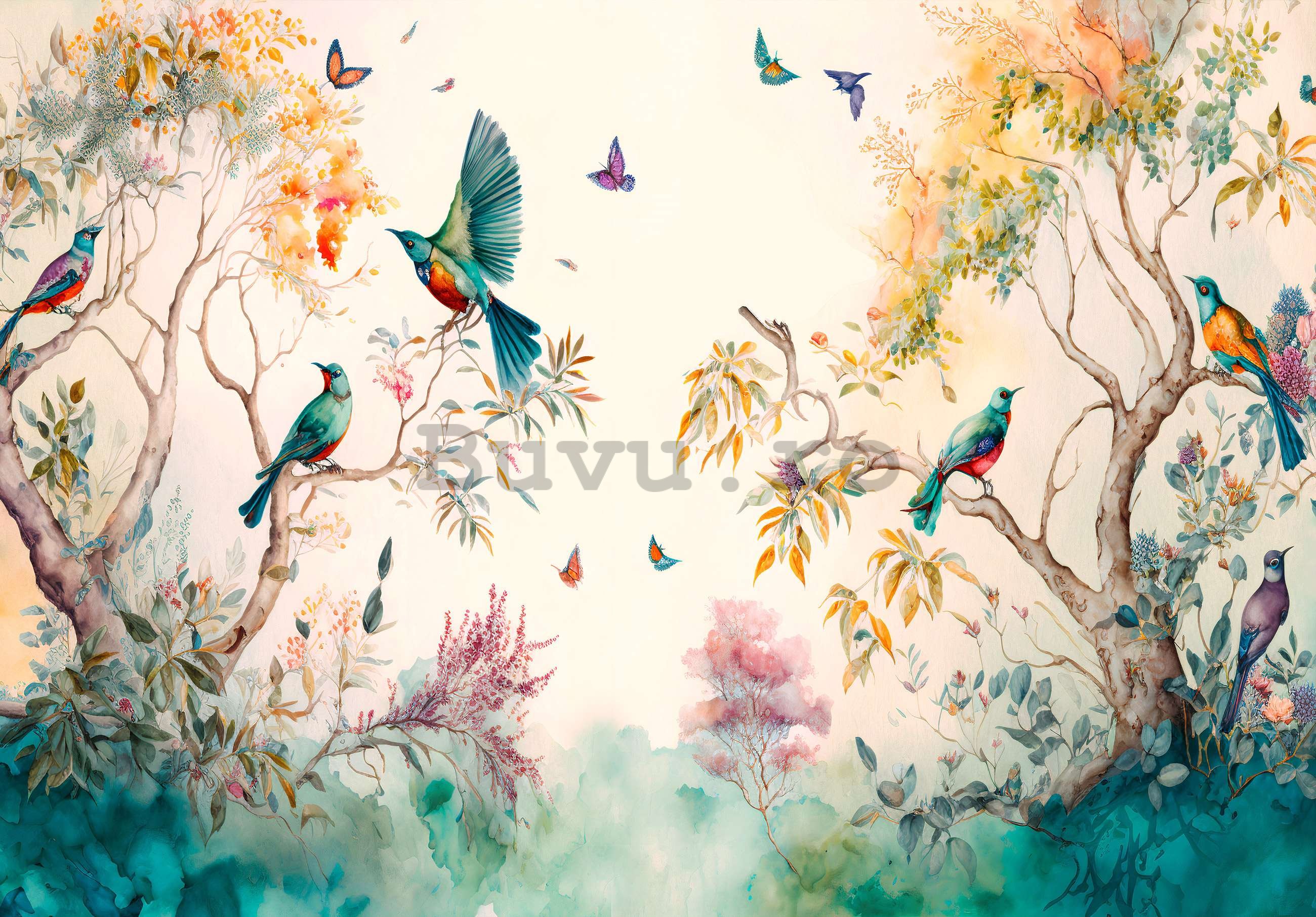 Fototapet vlies: Păsări în copaci (pictate) - 416x254 cm