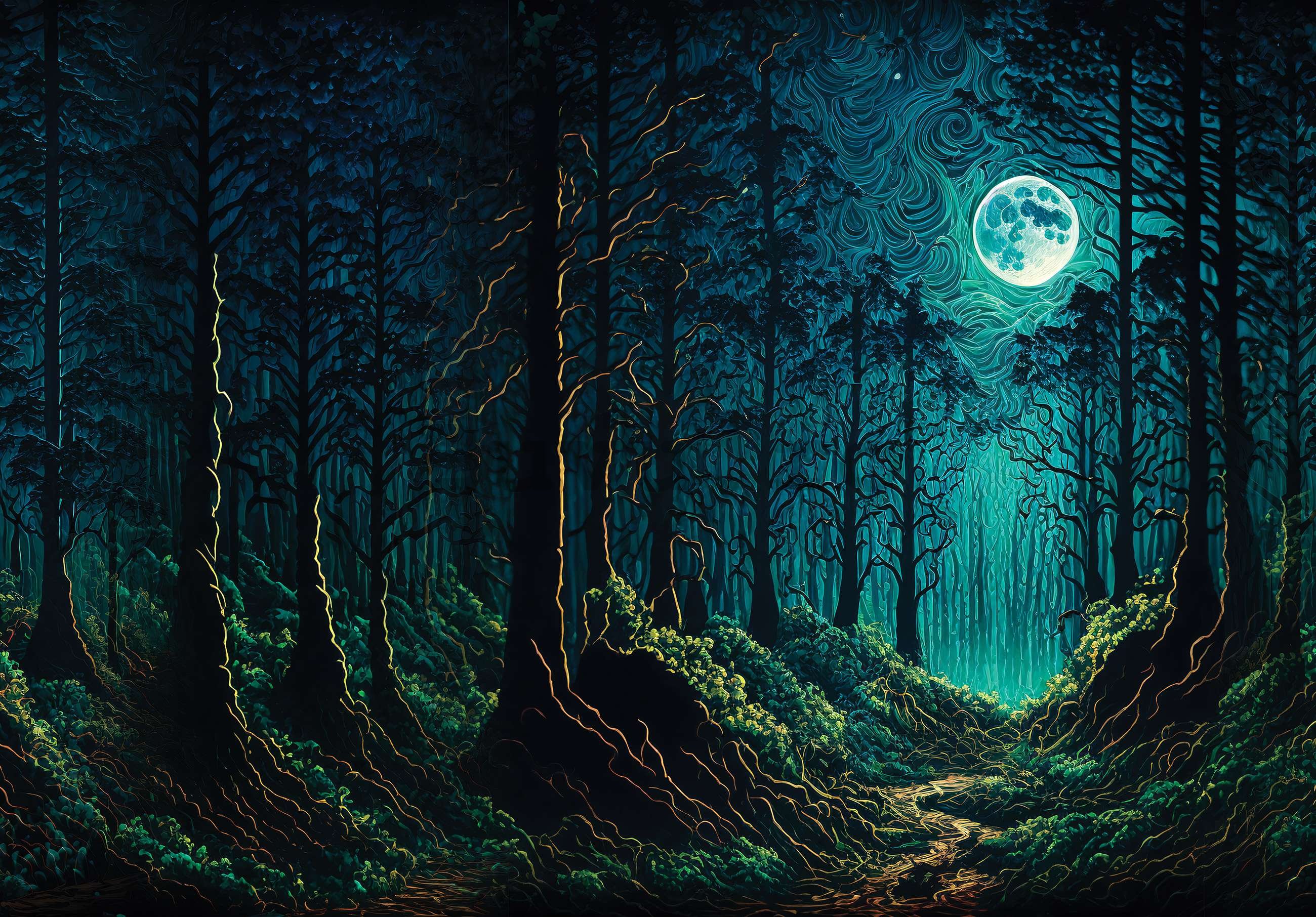Fototapet vlies: Pădure fermecată în lumina lunii - 416x254 cm