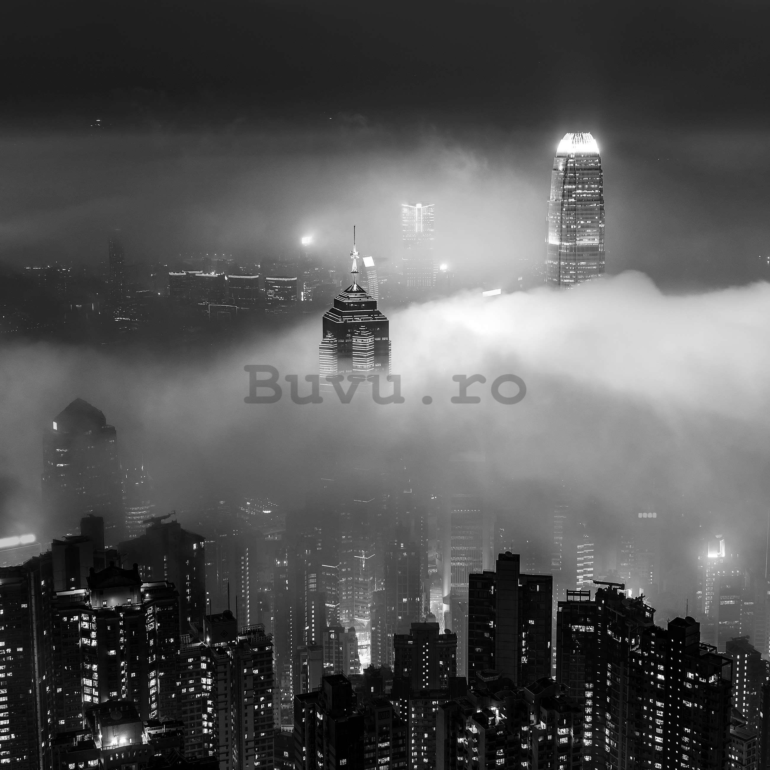 Fototapet vlies: Orașul de noapte în ceață (alb și negru) - 416x254 cm