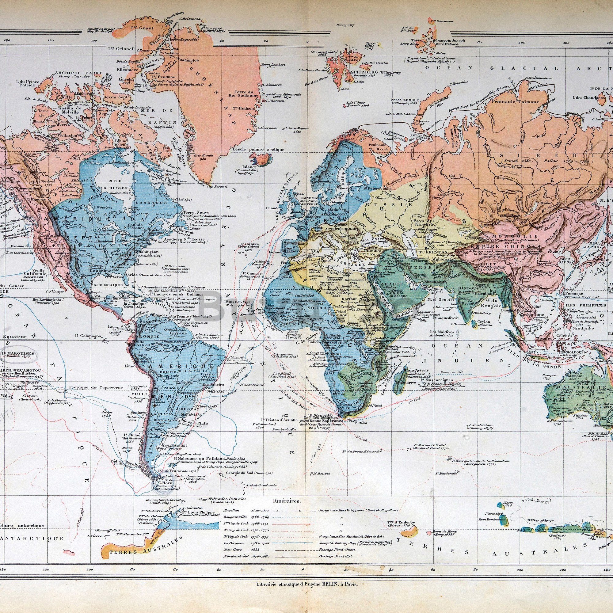 Fototapet vlies: Harta lumii franceză (Vintage)- 416x254 cm