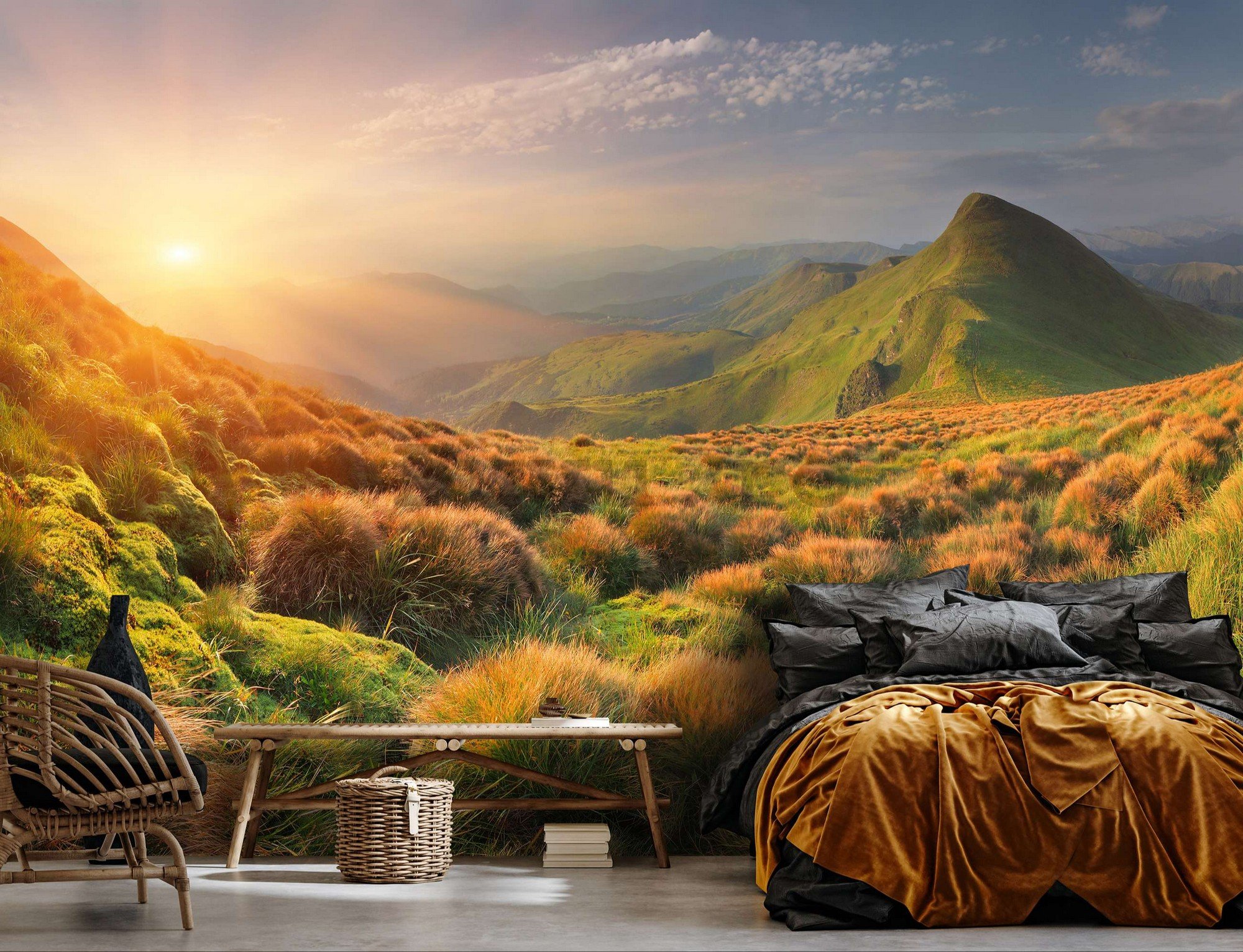 Fototapet vlies: Pajiște de munte la răsăritul soarelui - 254x184 cm