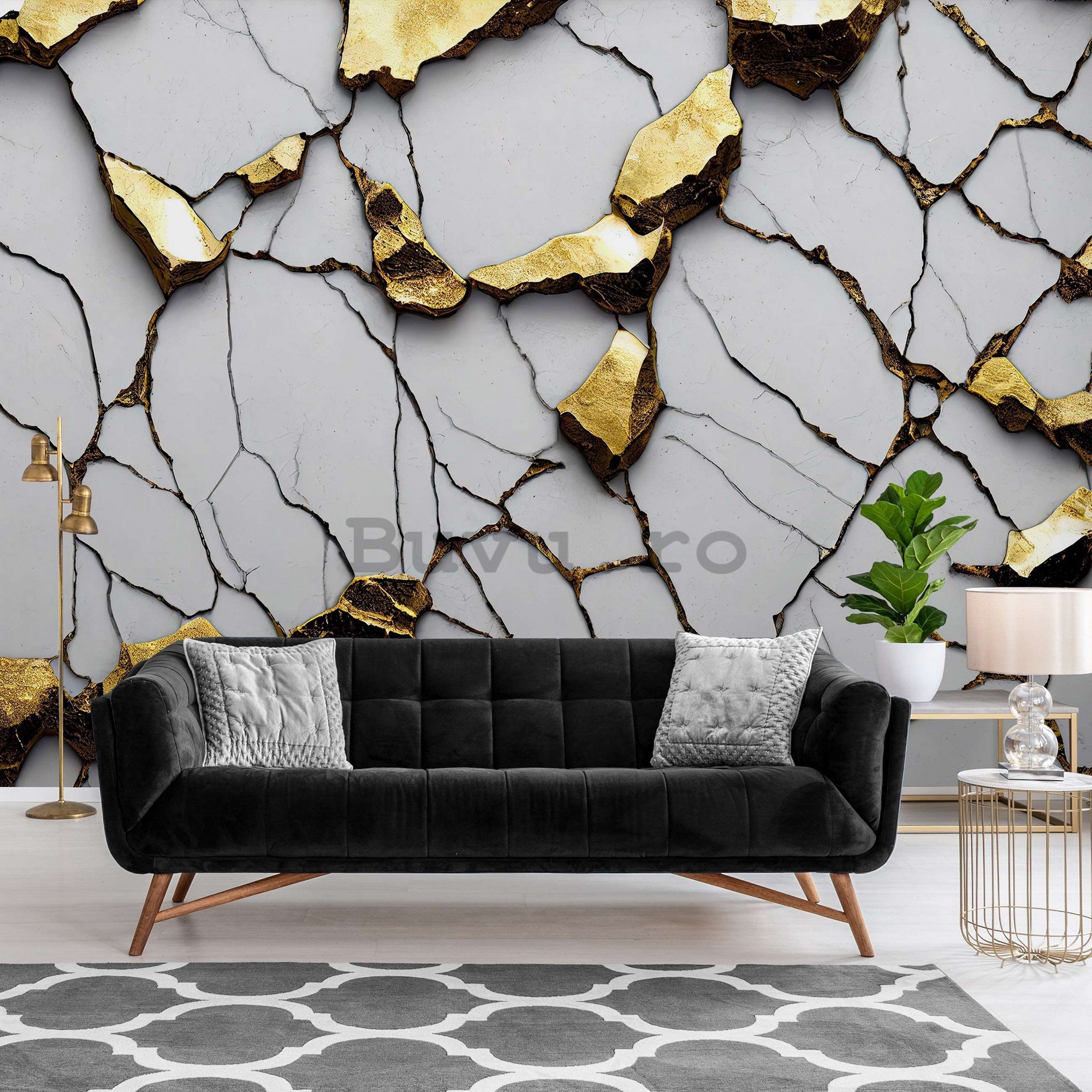 Fototapet vlies: Imitație glamour de marmură aurie cu un perete alb - 368x254 cm