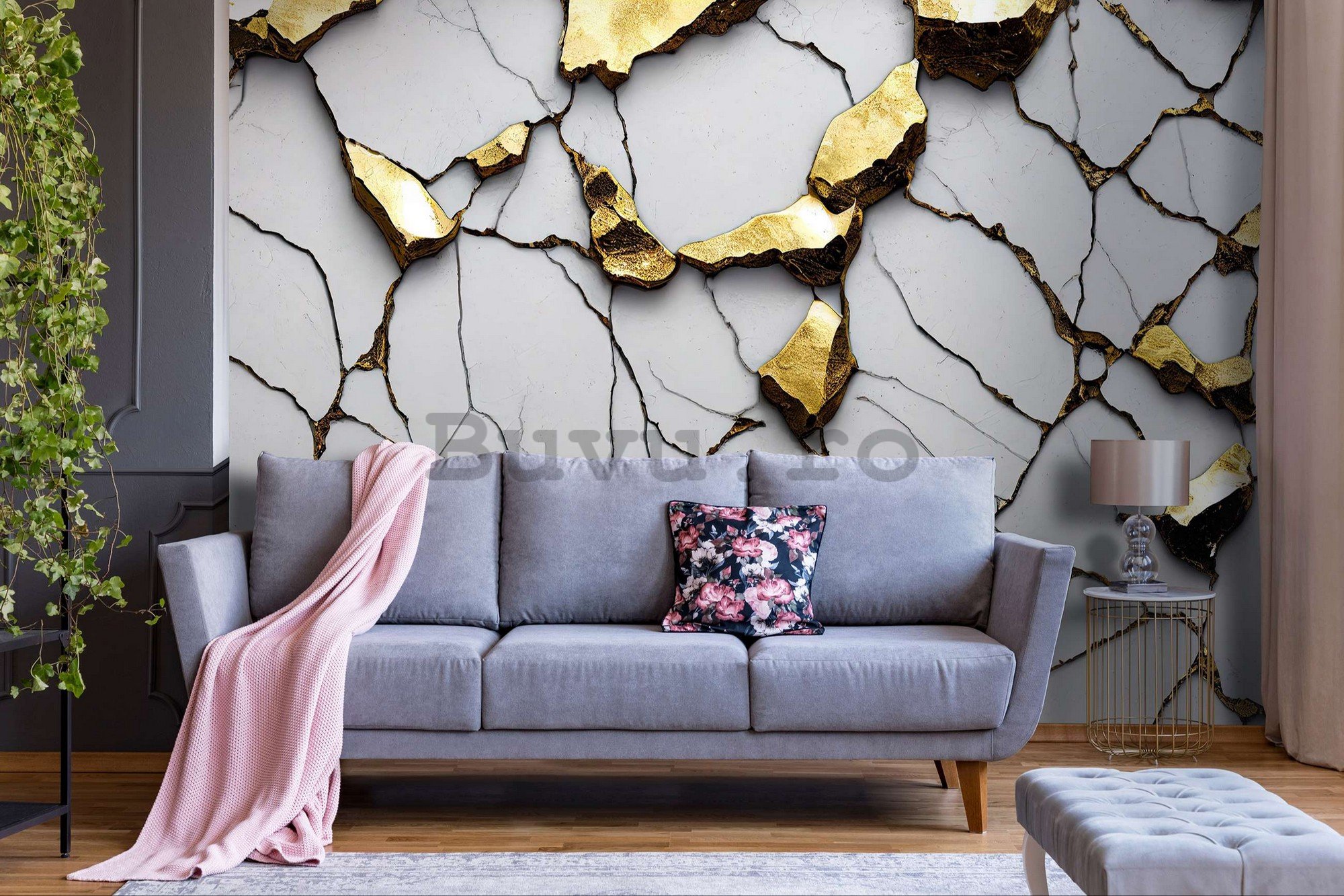 Fototapet vlies: Imitație glamour de marmură aurie cu un perete alb - 416x254 cm
