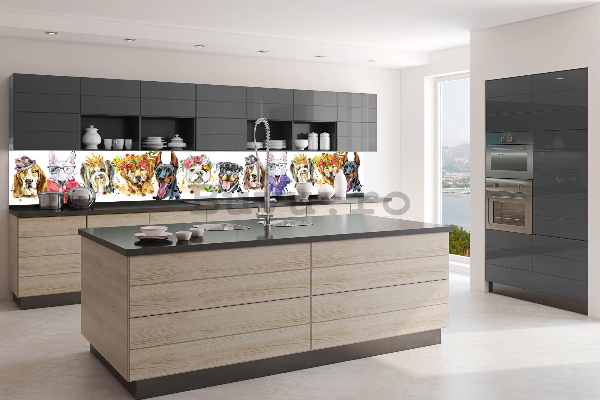 Tapet autoadeziv lavabil pentru bucătărie - Portrete de câini, 350x60 cm