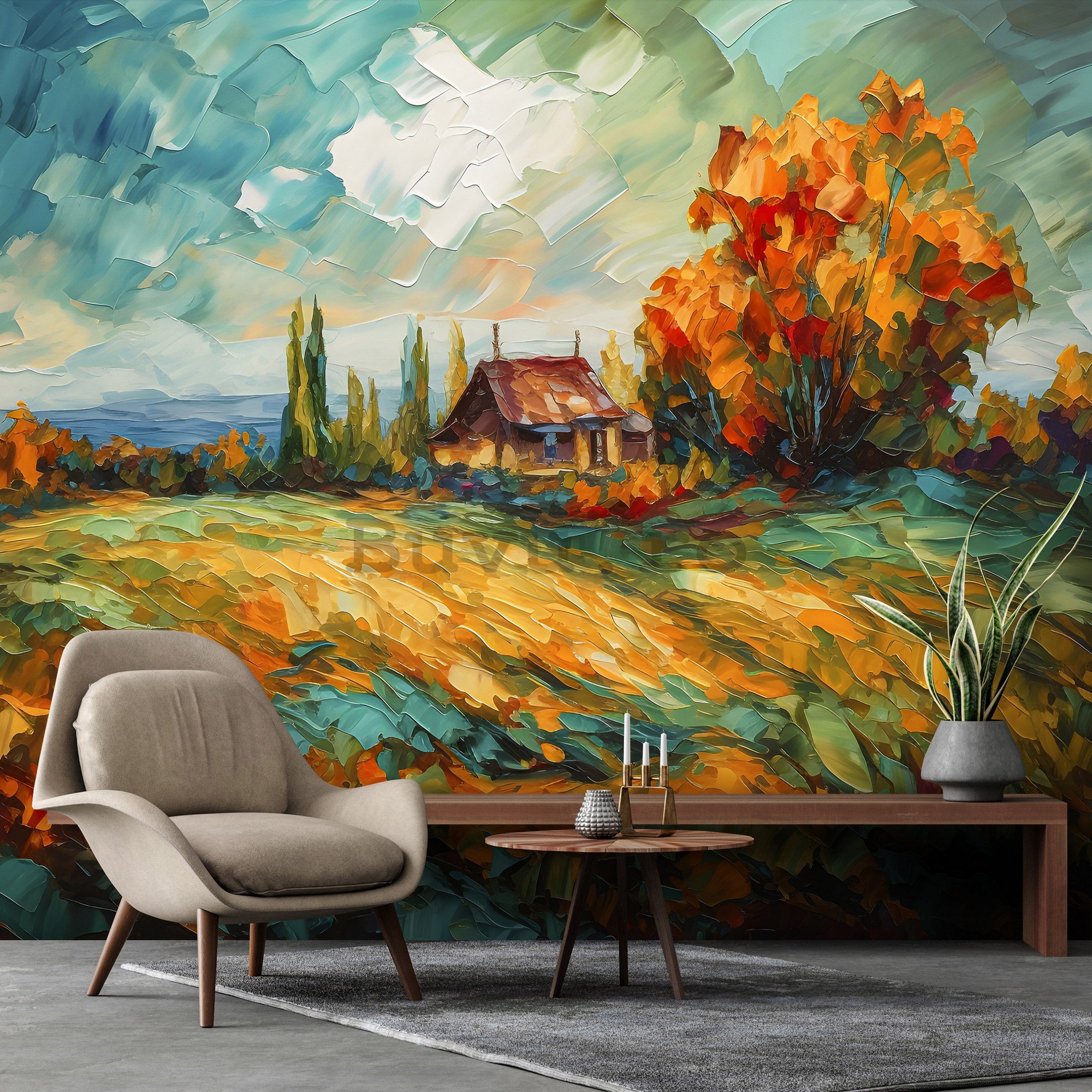 Fototapet vlies: Lanscape oil-colour painting nature - 254x184 cm