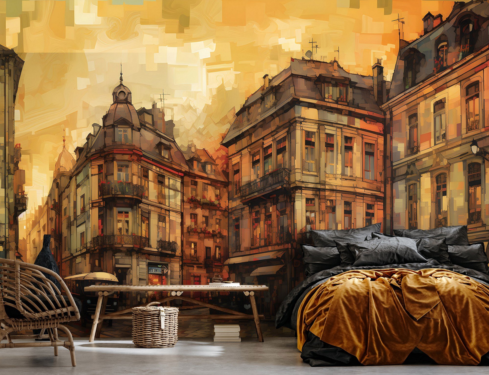 Fototapet vlies: City architecture oil-colours painting - 254x184 cm
