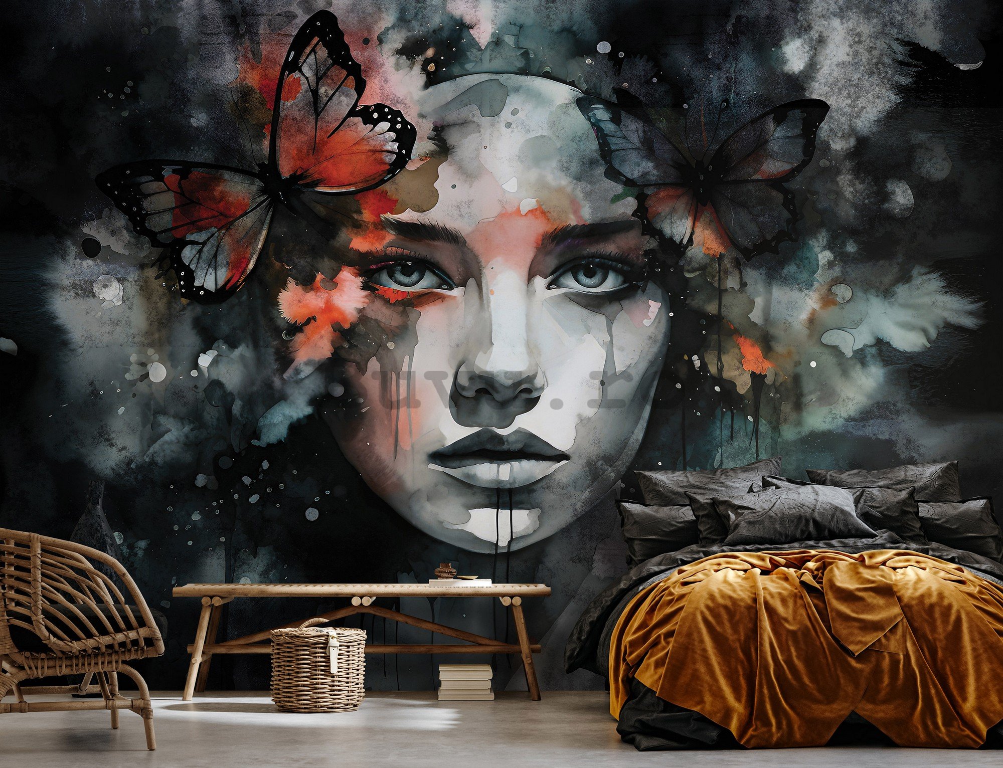 Fototapet vlies: Art watercolour woman butterfly - 254x184 cm
